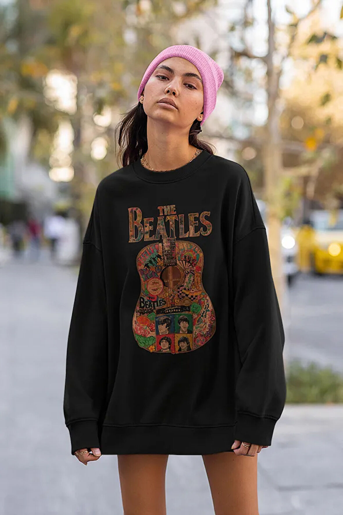 The Beatles Tasarım Gitar Baskılı Unisex Oversize Müzik Grubu Sweatshirt