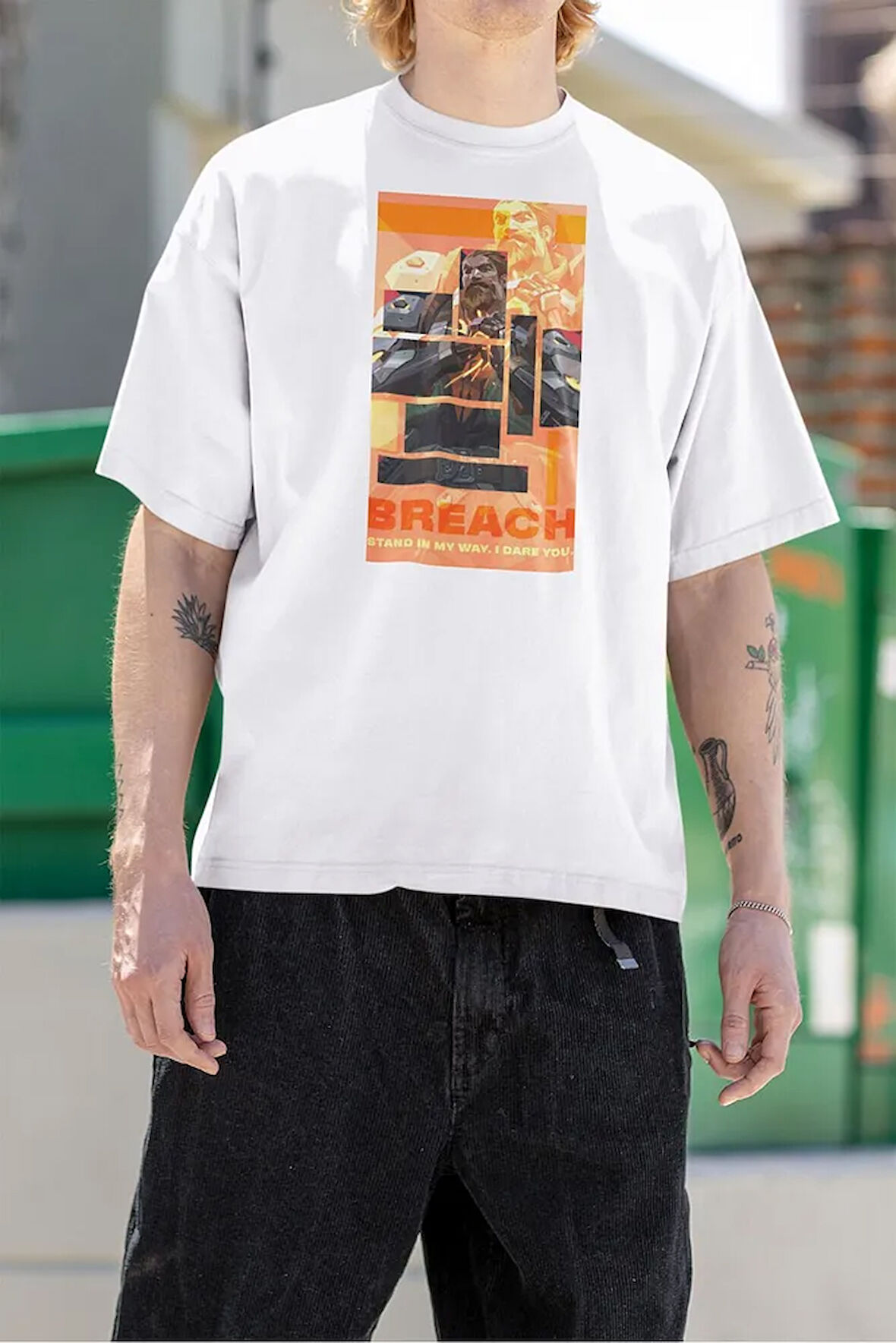 Stand In My Way. I Dare You. Breach Baskılı Unisex Oversize Vvalorant Tişört