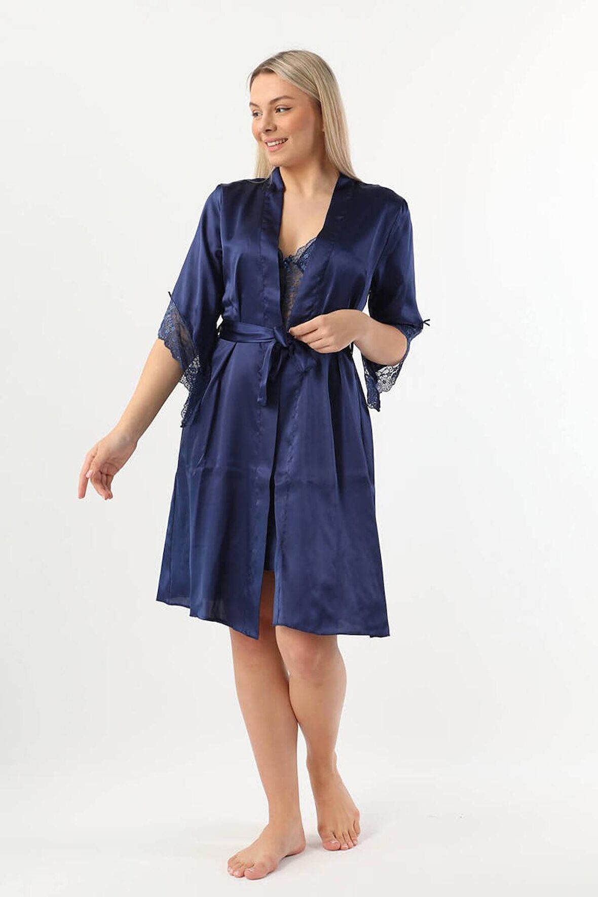 Pierre Cardin Kadın Saten Dantelli Gecelik Sabahlık Takım