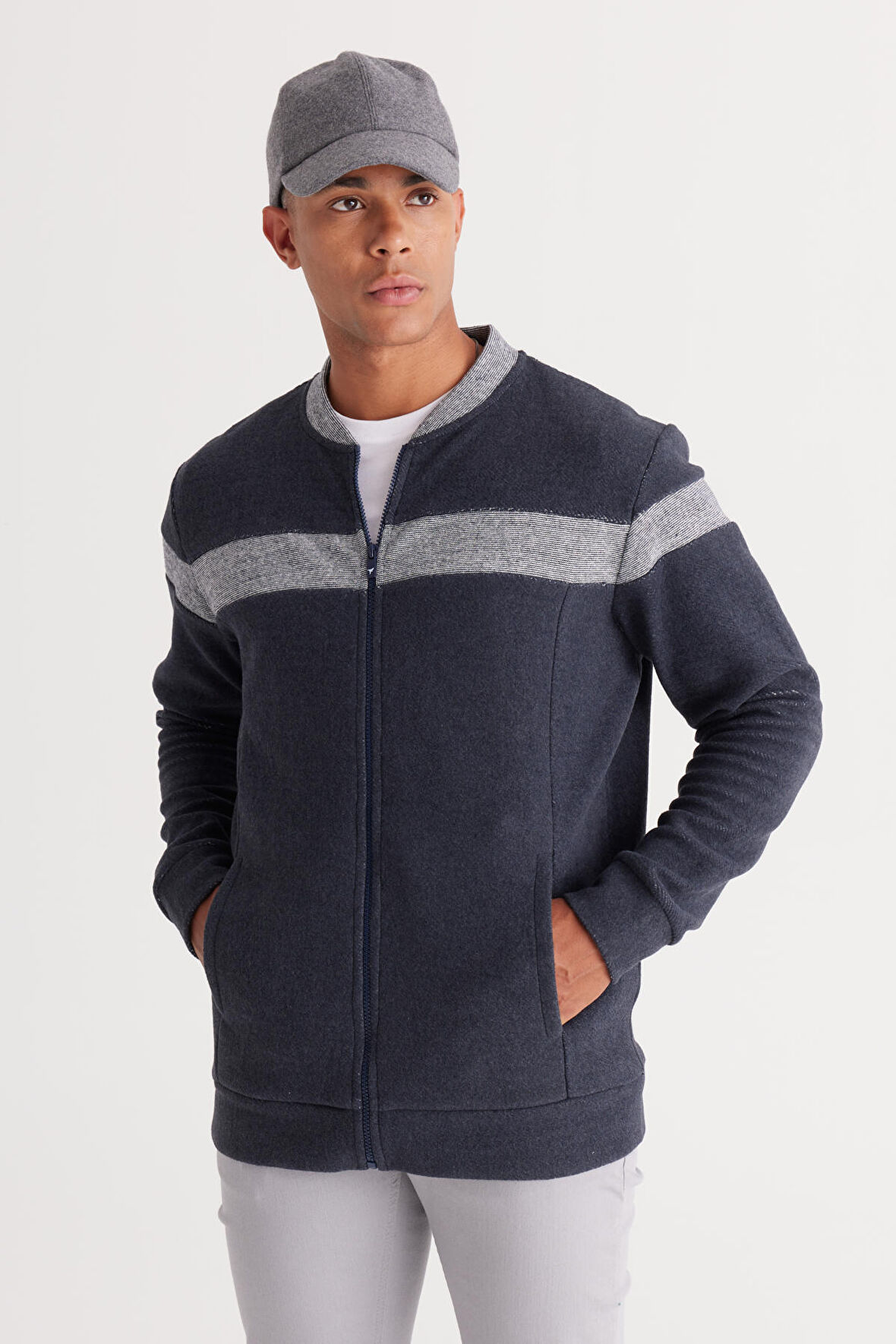 Erkek Indigo Melanj Oversize Fit Bol Kesim Içi Polarlı 3 Iplik Kolej Yaka Pamuklu Sweatshirt Ceket