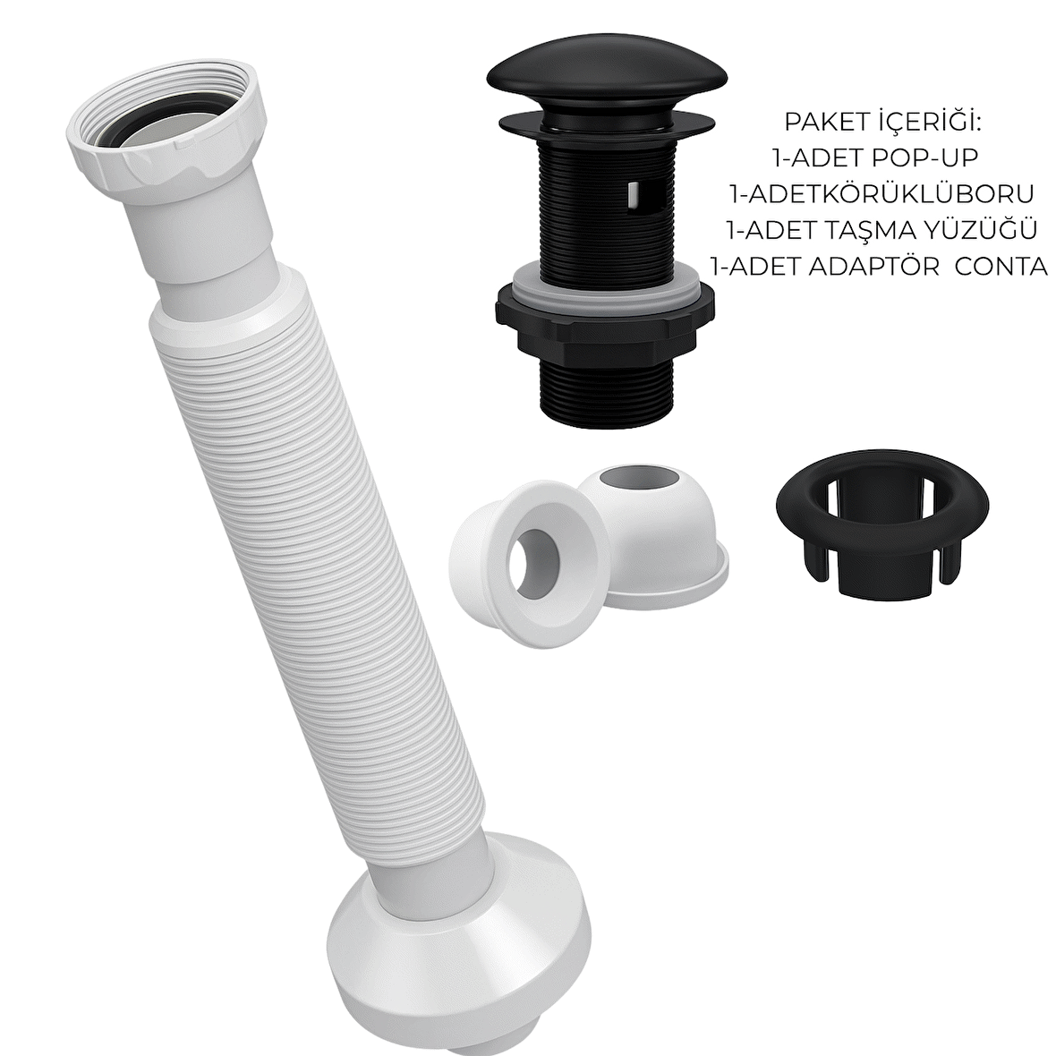 Mat Siyah Pop-Up Lavabo Gider Seti | Porselen Başlık + Körüklü Boru + Taşma Yüzüğü + Adaptör Conta