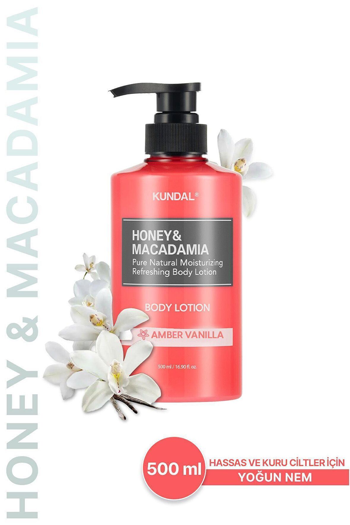 Nemlendirici ve Besleyici Vücut Losyonu Kundal Honey&Macadamia Pure Body Lotion 500ml(Amber Vanilla)