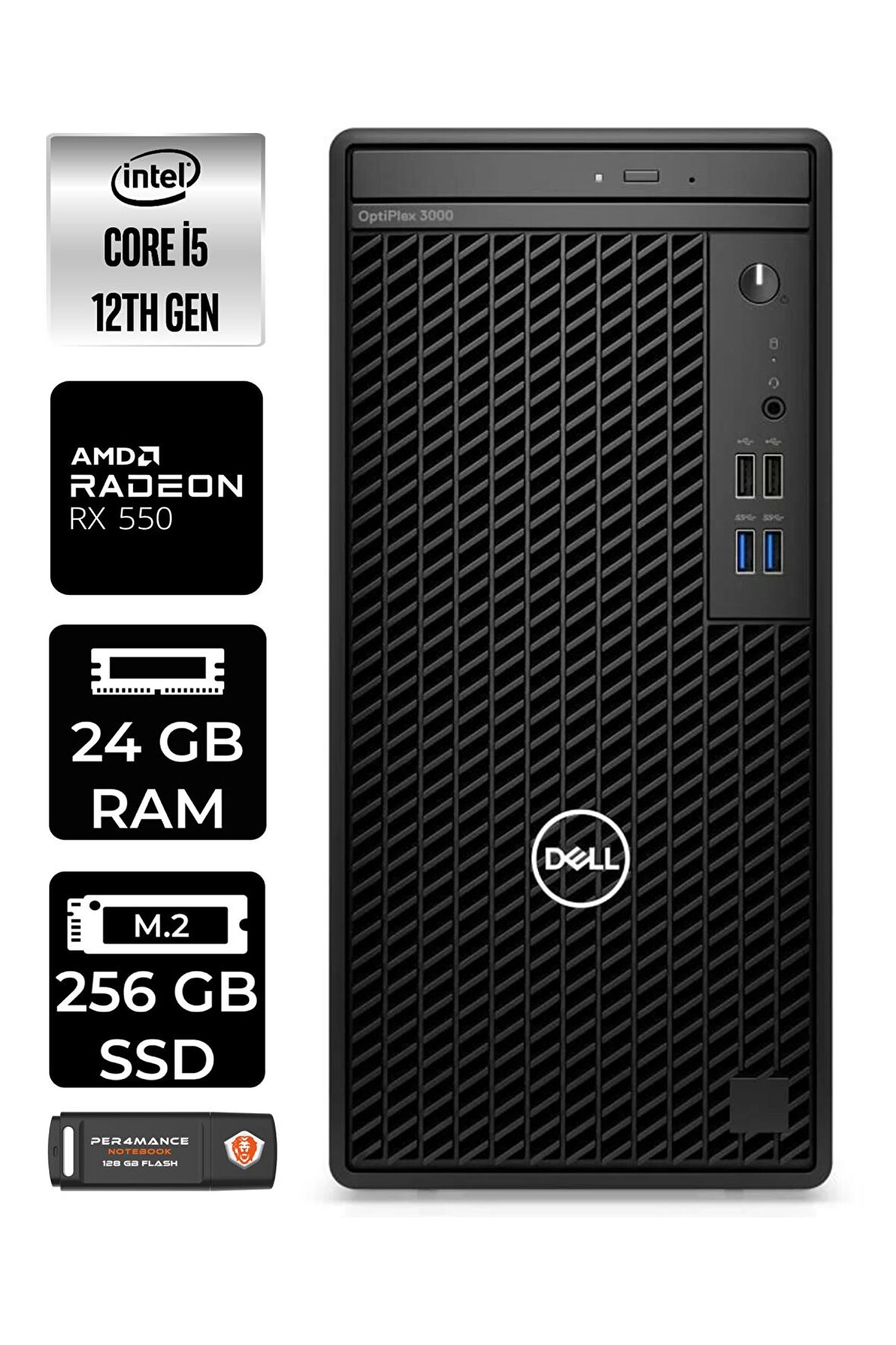 DELL OPTİPLEX i5 12500 24GB RAM 256GB SSD RX550/4GB W11PRO N010O3000MTAC MASAÜSTÜ PC & PER4 BELLEK