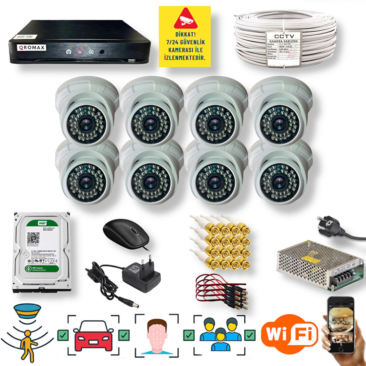 8 Kameralı Set - Araç İnsan Yüz Hareket Algılayan Gece Görüşlü 36 IR Led 5MP Sony Lensli 1080P Dome Güvenlik Kamerası Seti D136b-1