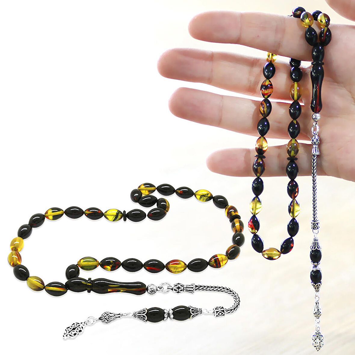 925 Ayar Gümüş Püsküllü Arpa Kesim Bala-Siyah Ateş Kehribar Tesbih