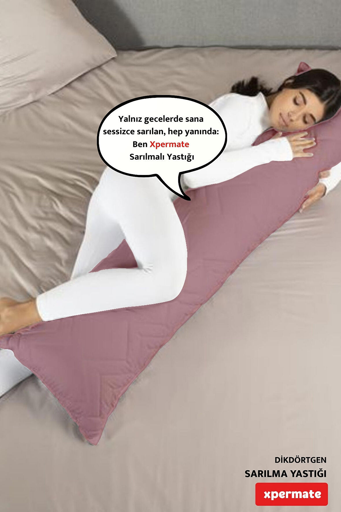 XPERMATE Sarılma Yastığı , Uyku Yastığı , Bacak Arası Yastığı Dikdörtgen 150x25 cm Toz Pembe