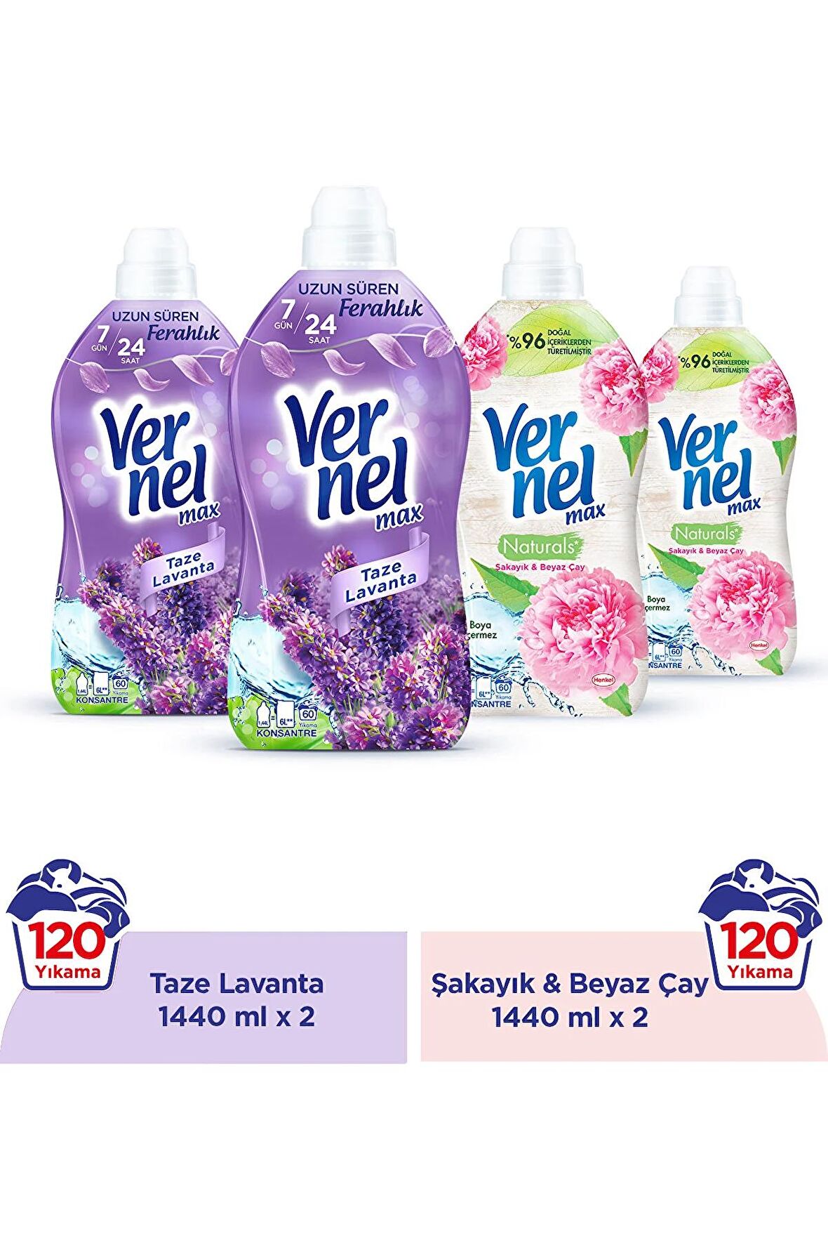 Vernel Max Konsantre Çamaşır Yumuşatıcısı 4 X 1440ml (240 Yıkama) 2 Taze Lavanta + 2 Şakayık