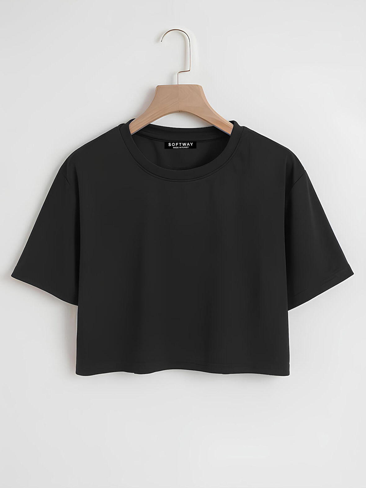 Kadın Oversize Bisiklet Yaka Düz Crop T-shirt - SİYAH