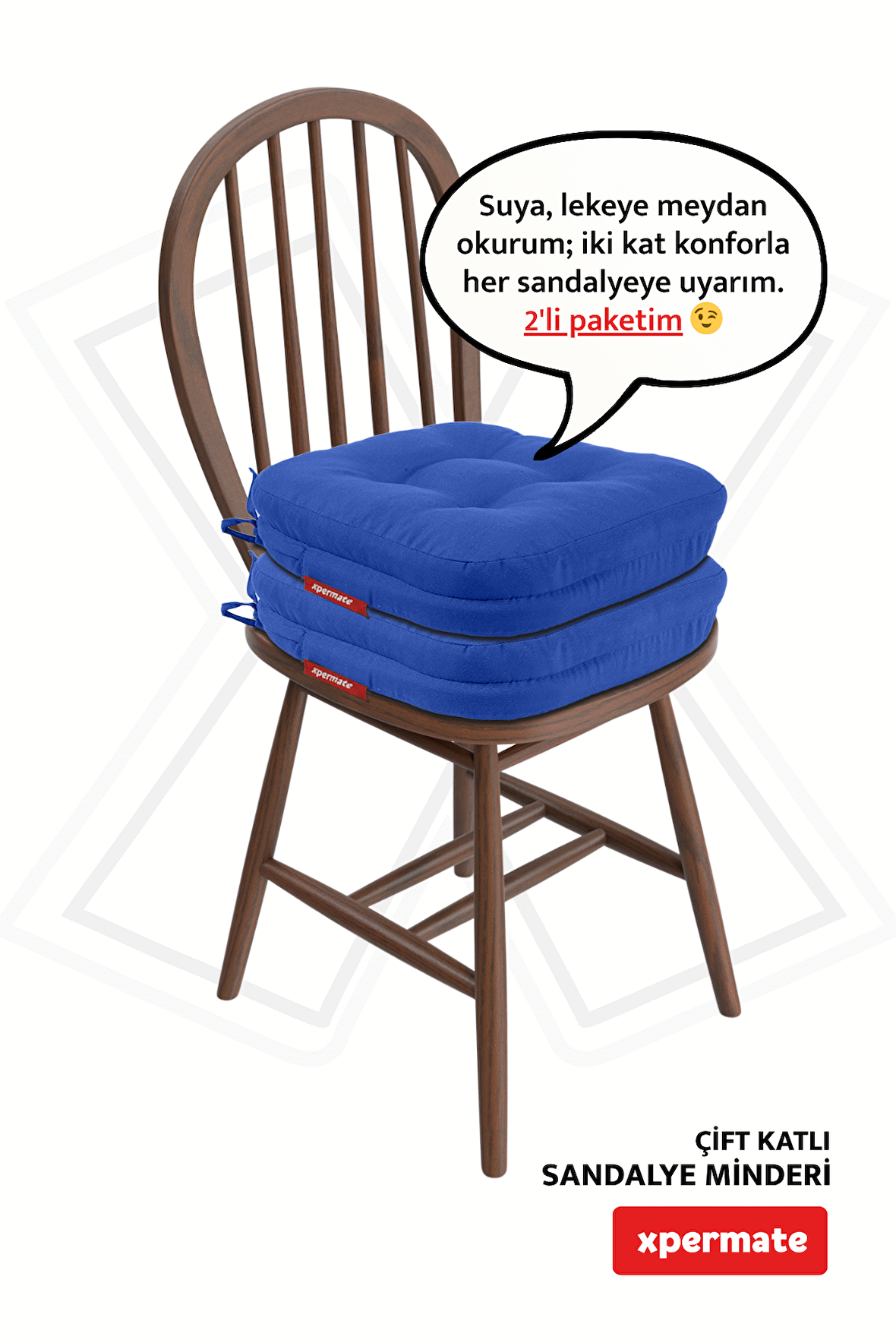 XPERMATE 2'li Çift Kat Sandalye Minderi Fermuarlı Yıkanabilir Kılıf Bağcıklı Su ve Yağ İtici 42x42x8 Mavi