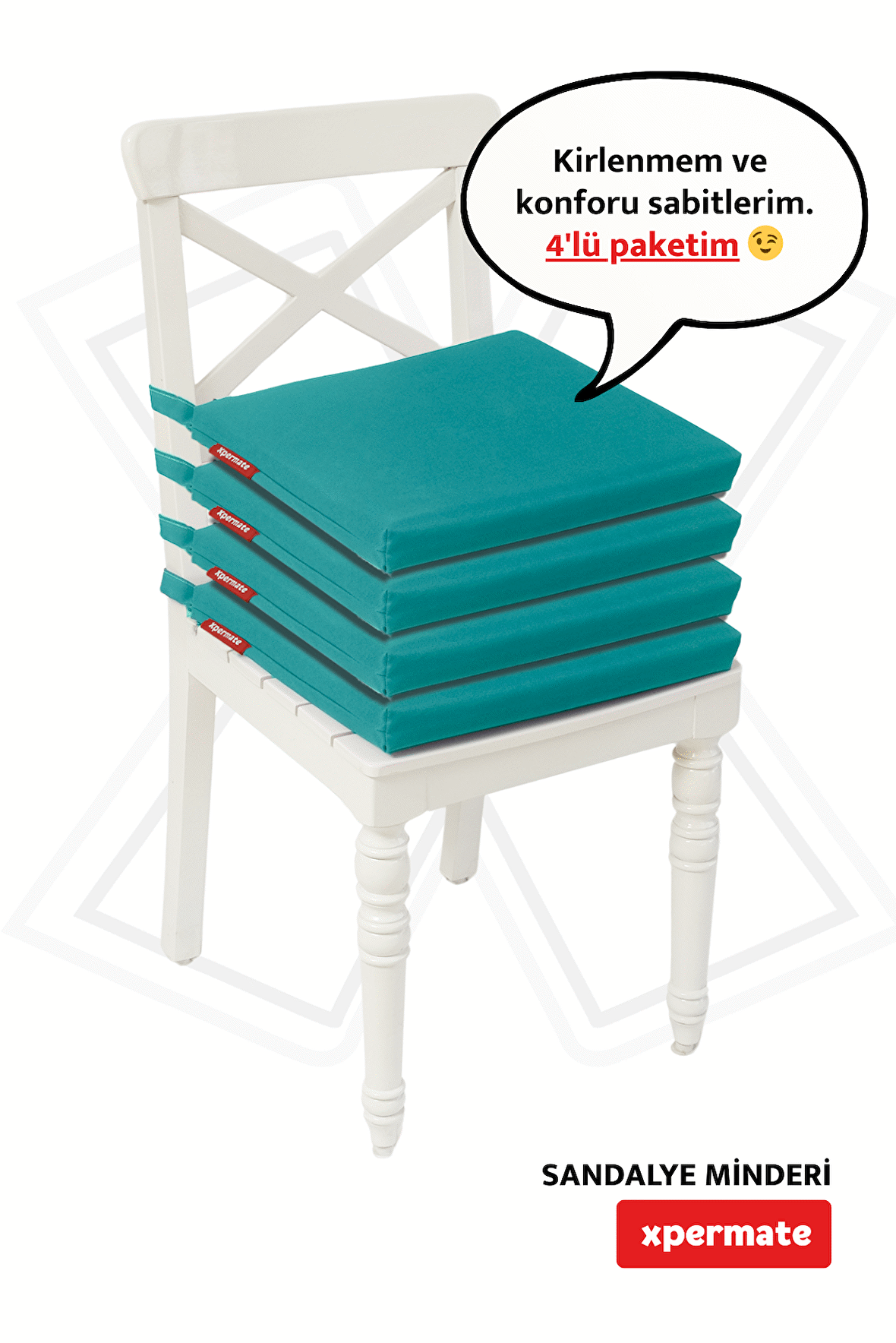 Xpermate Fermuarlı 4'lü  Sandalye Minderi Su İtici Kumaş 40x40Cm Sünger Sandalye Minderi Bağcıklı Turkuaz