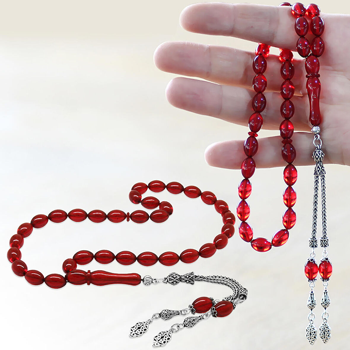 925 Ayar Gümüş Çift Püsküllü Arpa Kesim Bayrak Kırmızı Ateş Kehribar Tesbih