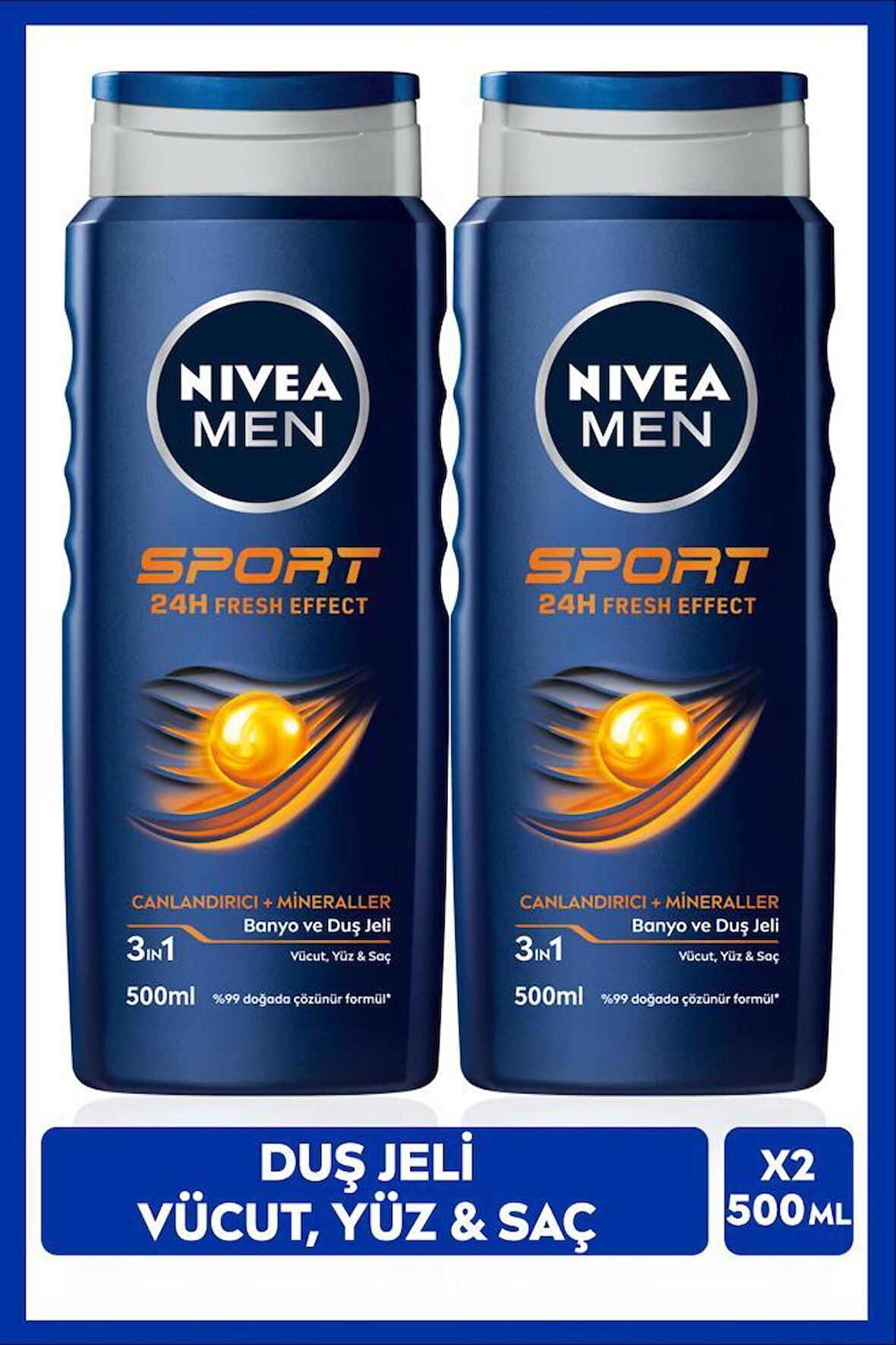 NIVEA MEN Erkek Canlandırıcı Banyo ve Duş Jeli Sports 500ml, Vücut Yüz Saç, Yenileyici Mineraller, X2 Adet