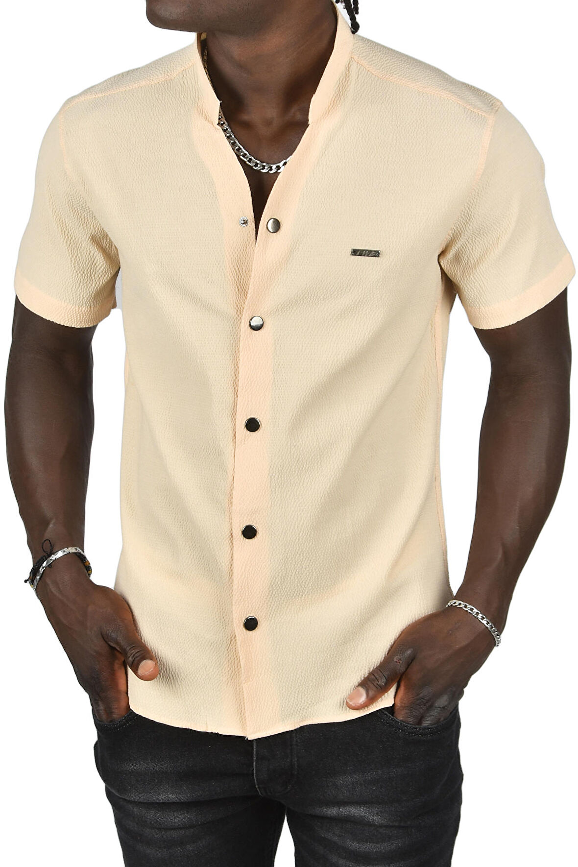 DeepSEA Erkek Bej Gofre Kumaş Hakim Yaka Slim Fit Likralı Çıtçıtlı Kısa Kollu Gömlek 2403018