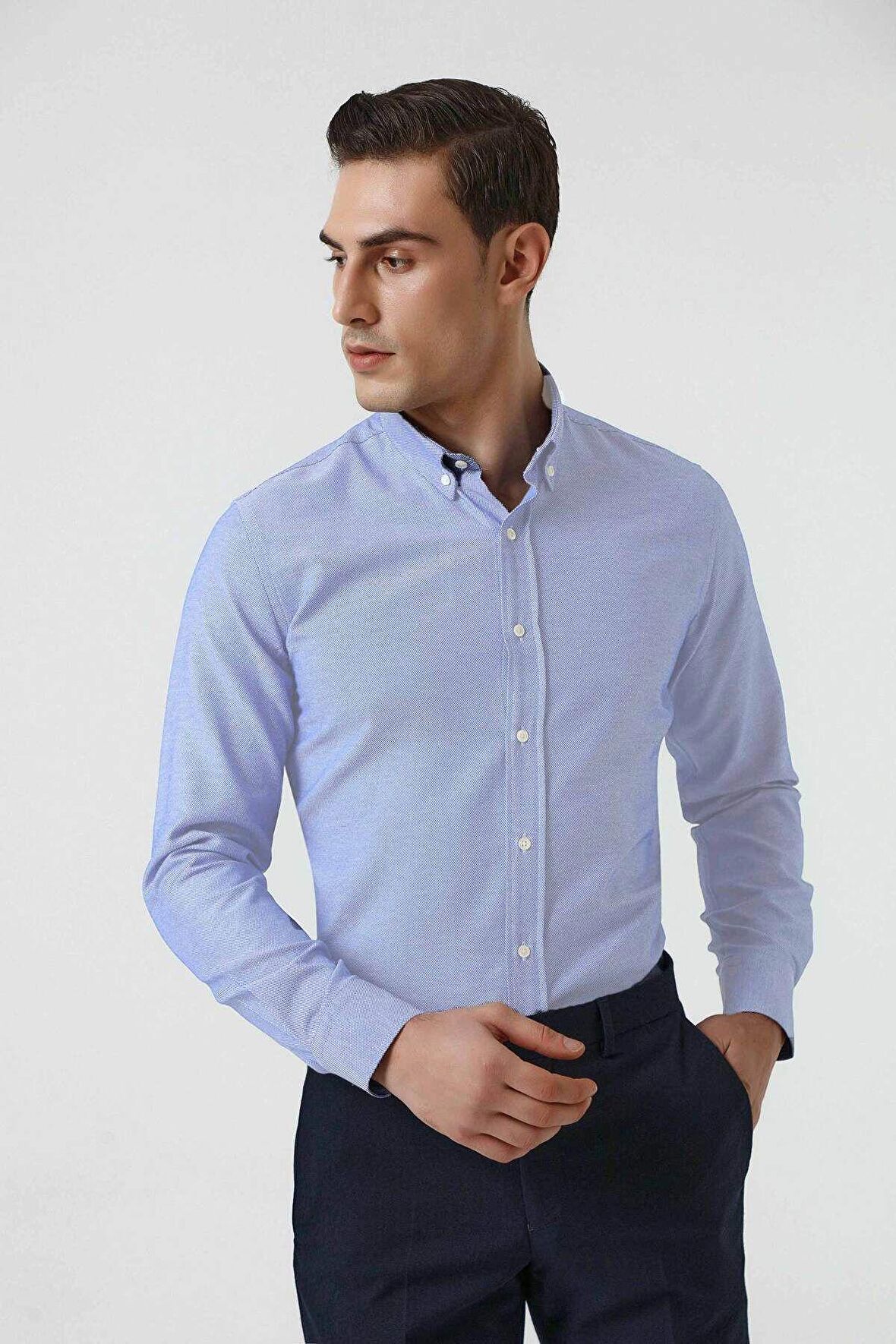 Slim Fit Mavi Armürlü Düğmeli Yaka Pamuklu Gömlek 5HC02ORT07265