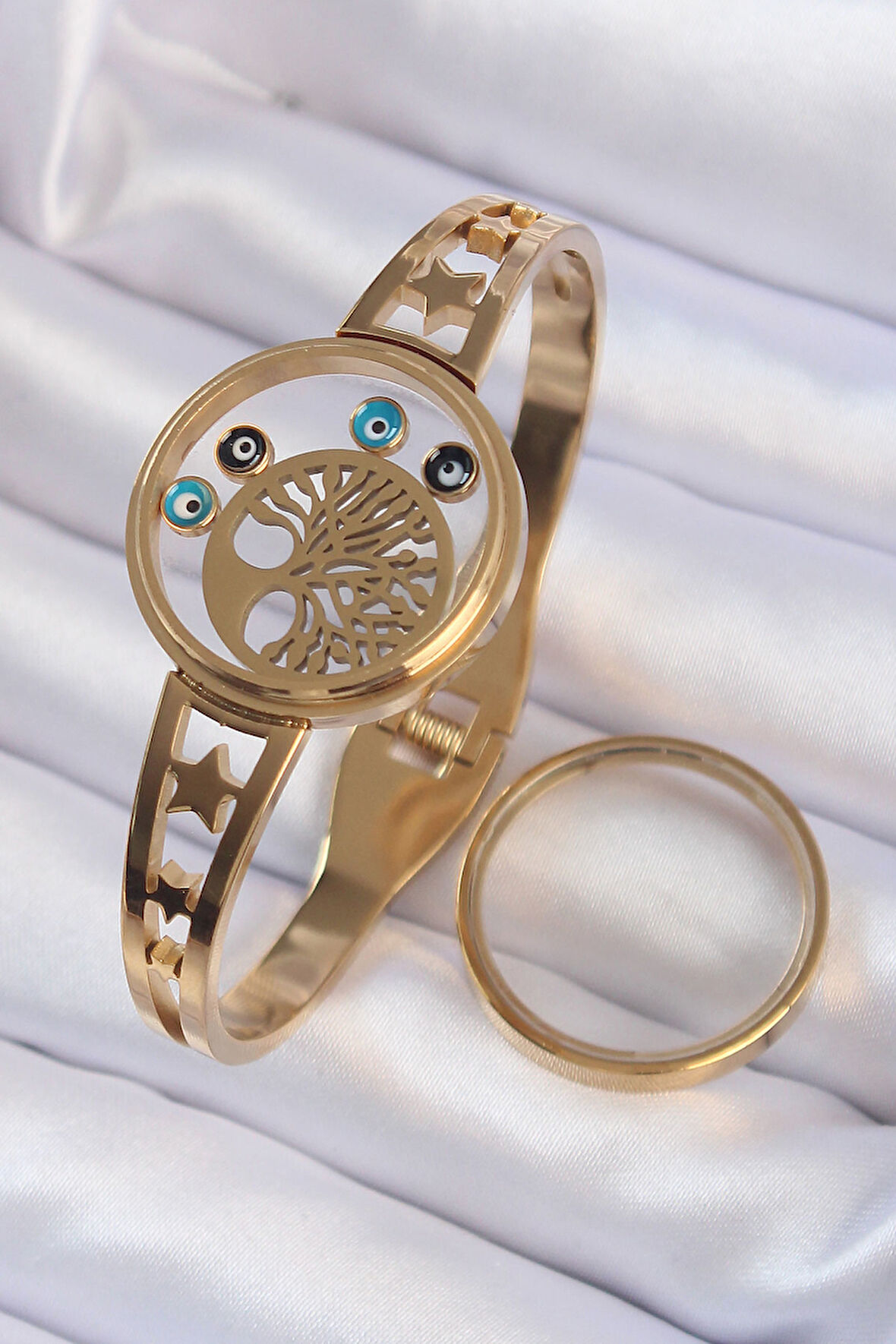 316L Çelik Altın Renk İçi Yaşam Ağacı Ve Nazar Boncuk Figürlü Açılabilir Fanus Kelepçe