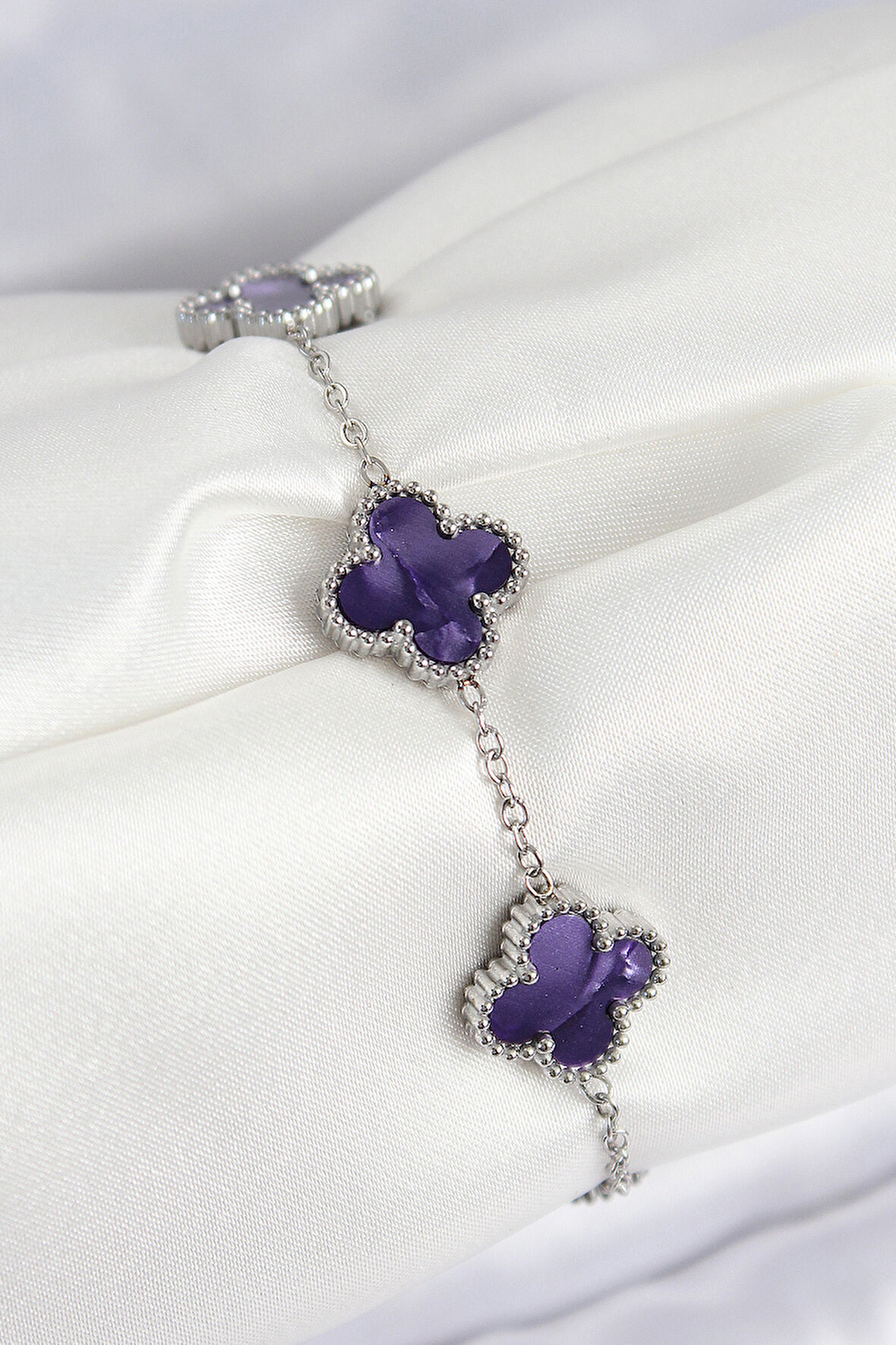 316L Çelik Sedefli Mor Gümüş Renk Yonca Kadın Bileklik