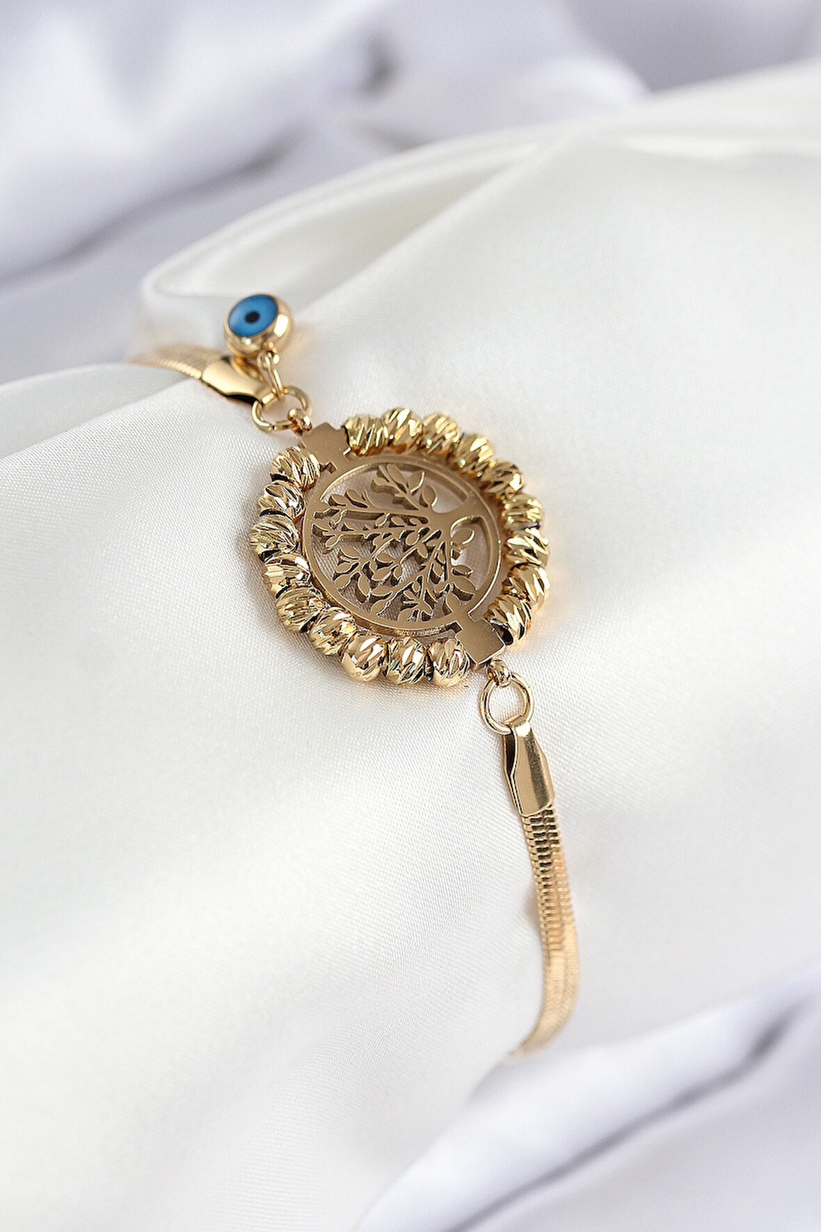 316L Çelik Nazar Boncuk Detaylı Hayat Ağacı Model İtalyan Zincir Gold Renk Kadın Bileklik