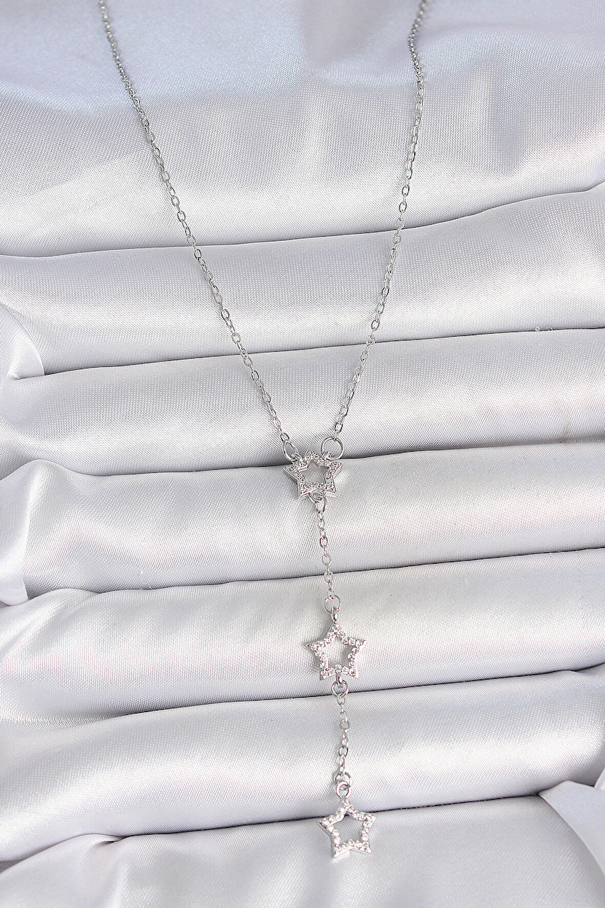316L Çelik Gümüş Renk Zincir Zirkon Taşlı Yıldız Y Model Kadın Kolye