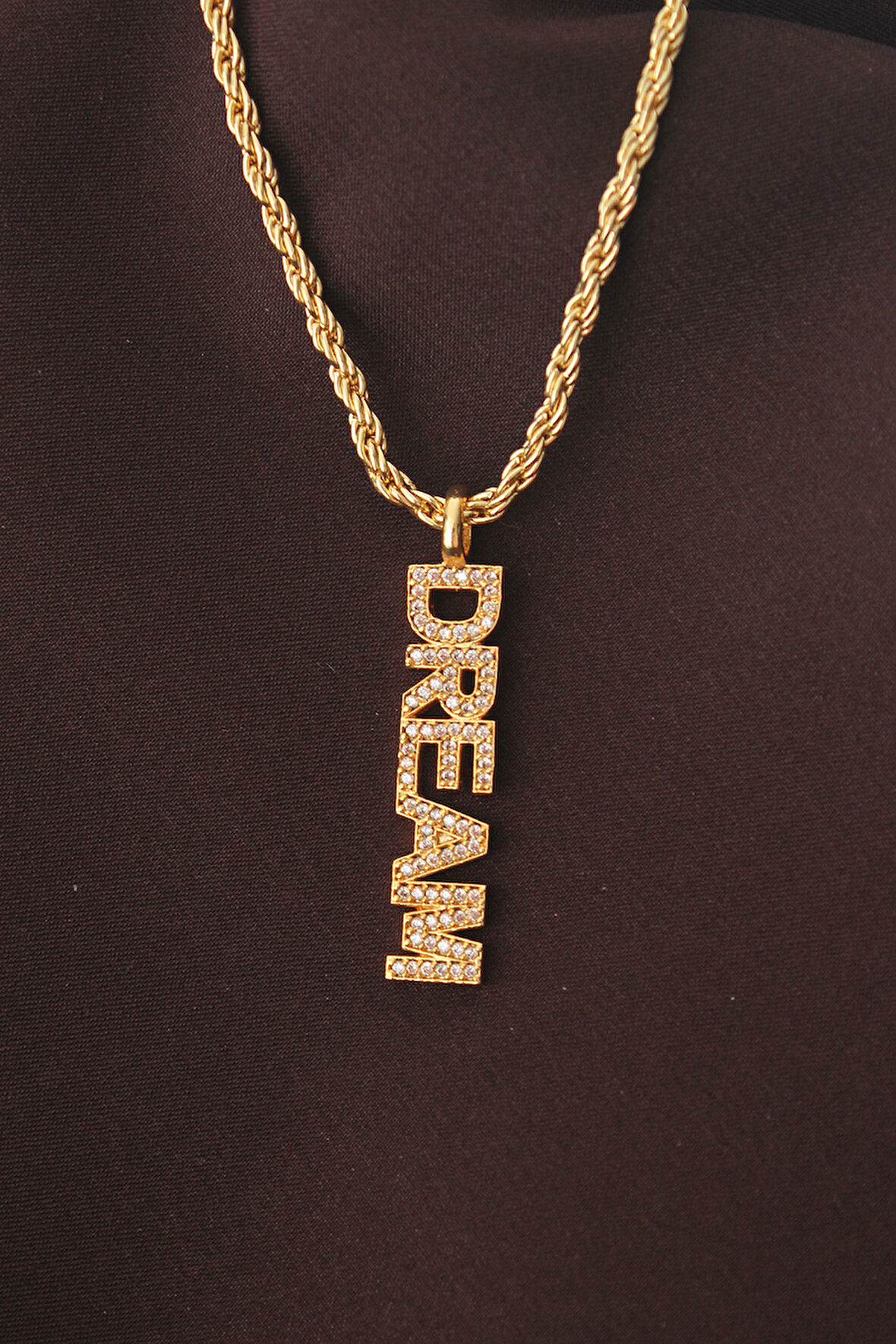 Altın Renk Zirkon Taşlı Rüya Yazılı Kolye