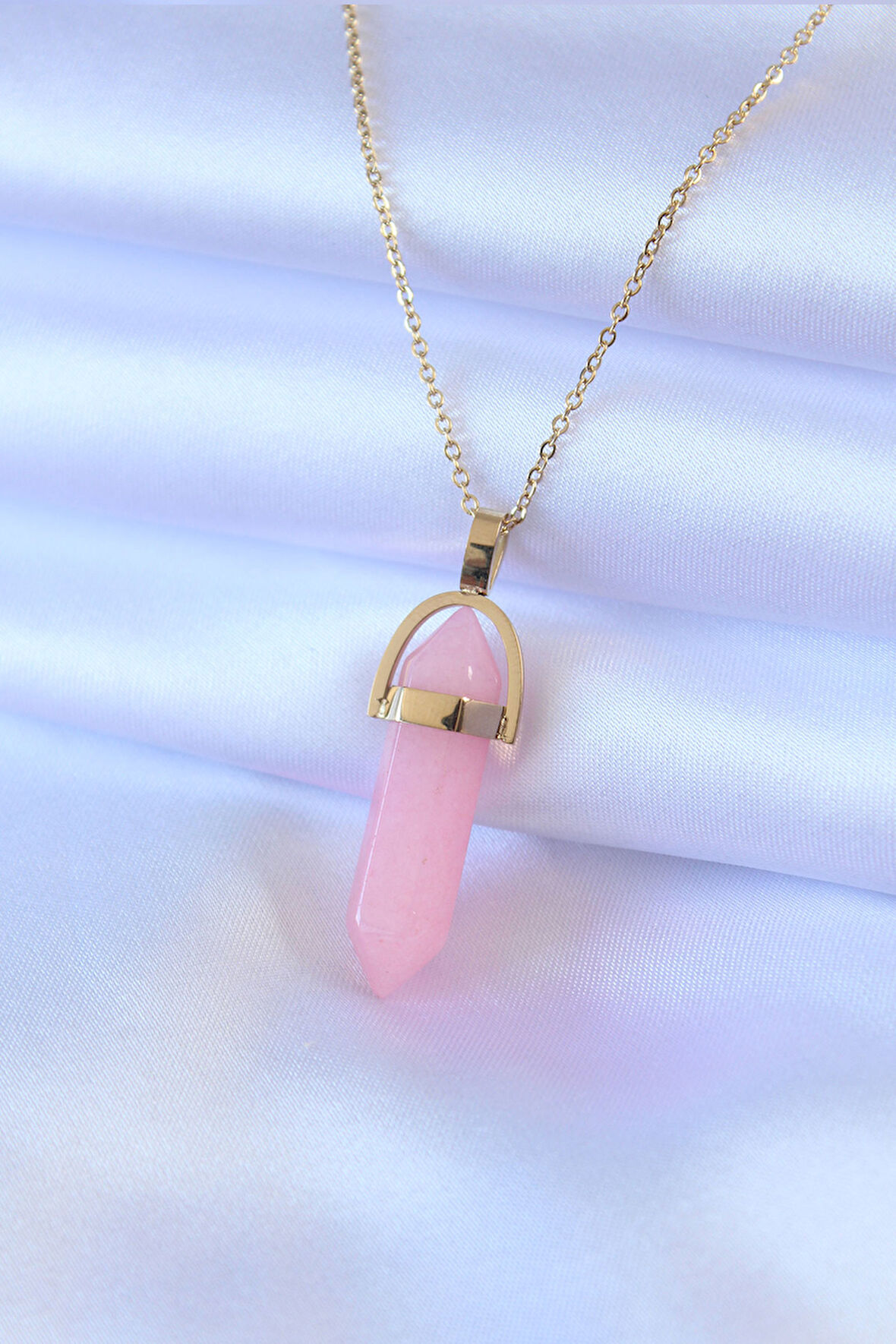 316L Çelik Gold Renk Kristal Pembe Taş Model Kadın Kolye