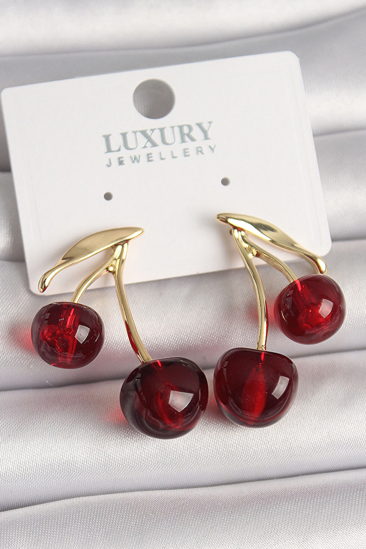 Pirinç Gold Renk Kırmızı Kiraz Model Kadın Küpe