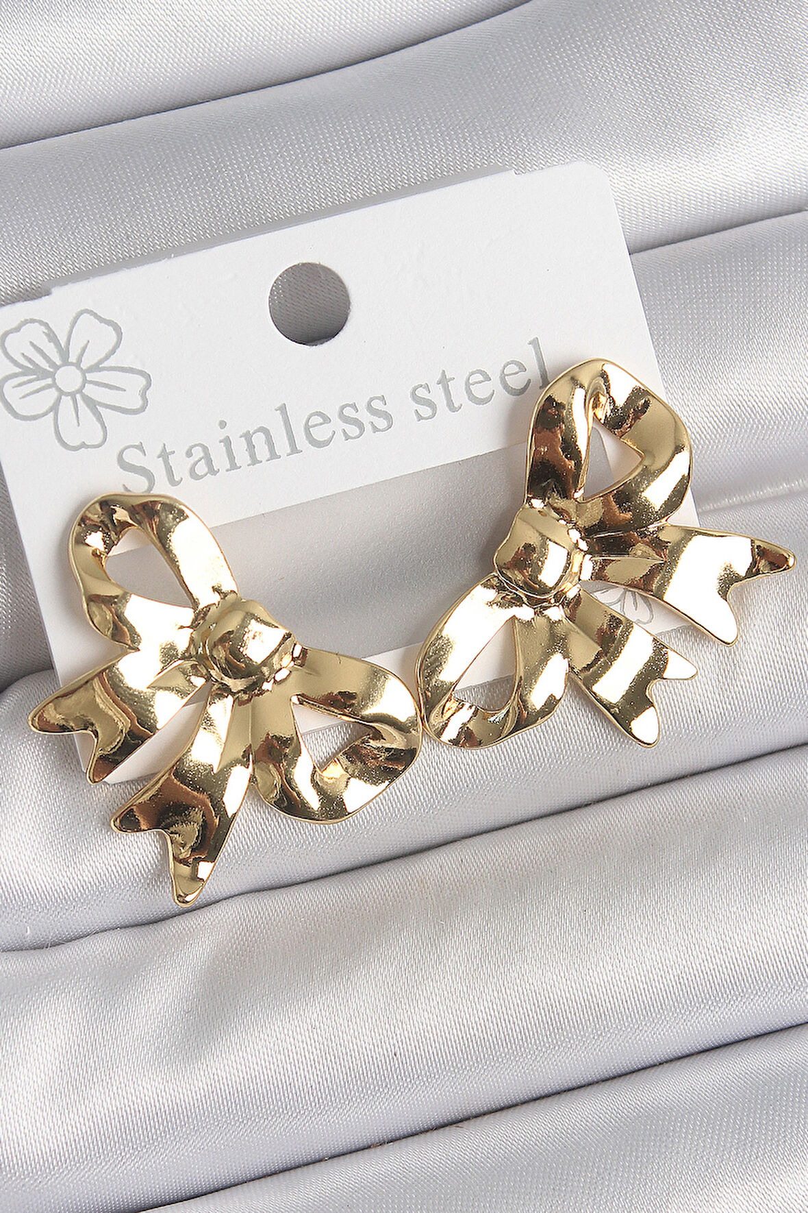 316 Çelik Gold Renk Kurdele Plaka Model Kadın Küpe