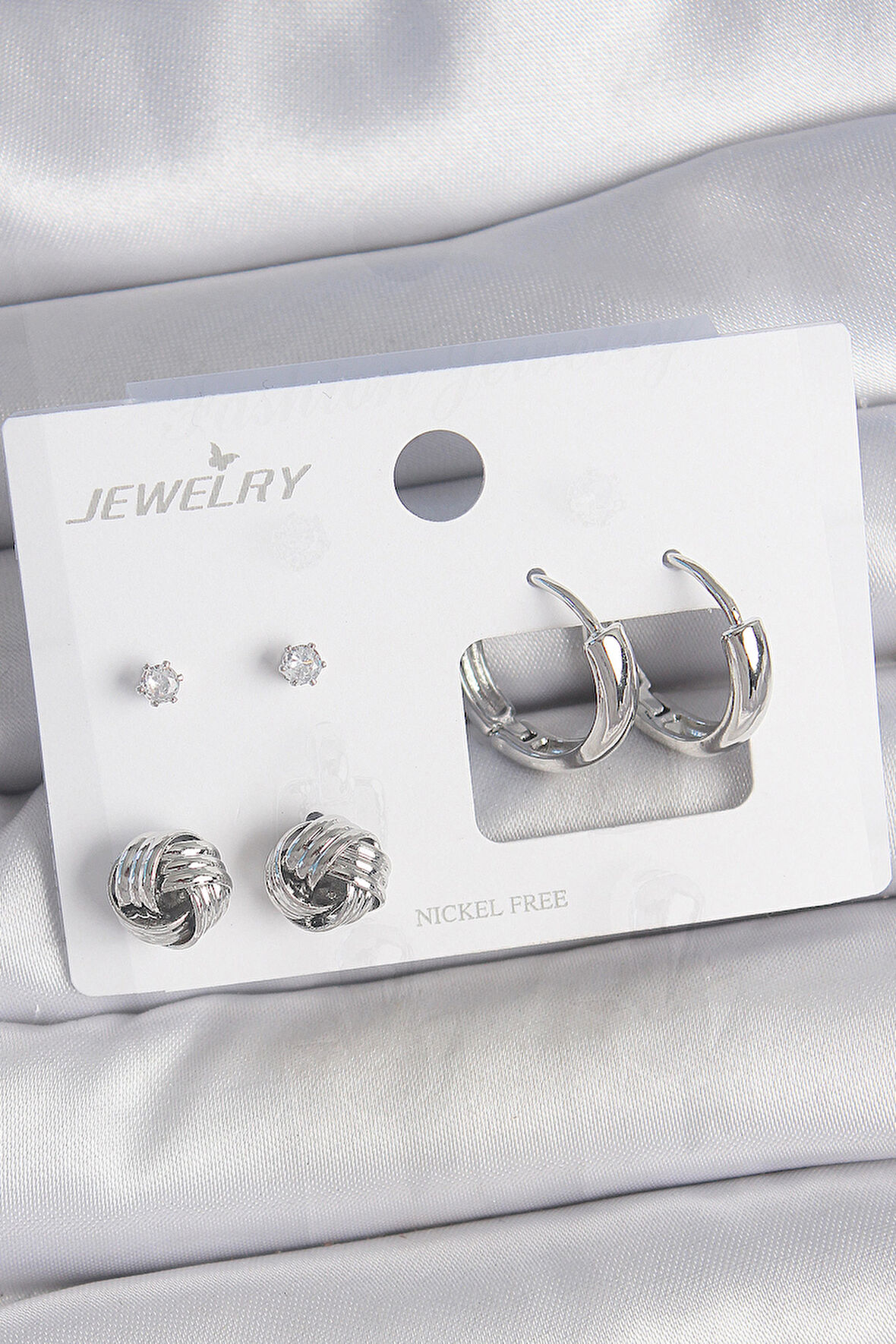 Pirinç Gümüş Renk Zirkon Taşlı Halka Model 3 Çift Kadın Küpe Seti