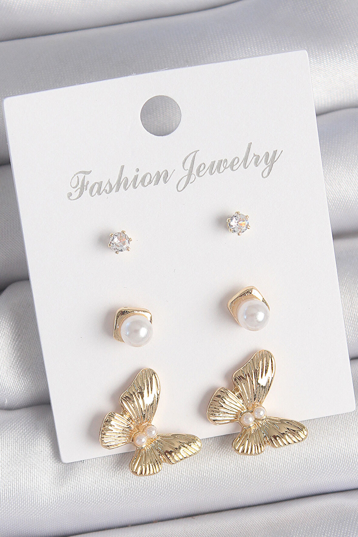 Pirinç Gold Renk Zirkon Taşlı İncili Model 3 Çift Kadın Küpe Seti