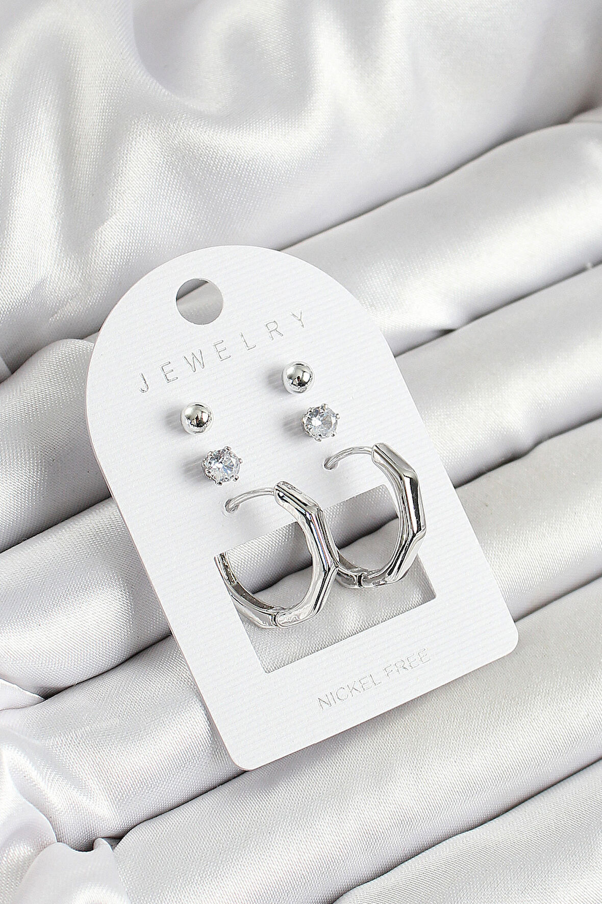 Pirinç Zirkon Taş Ve Kemik Halka Figürlü Gümüş Renk 3'Lü Çift Kadın Küpe Set