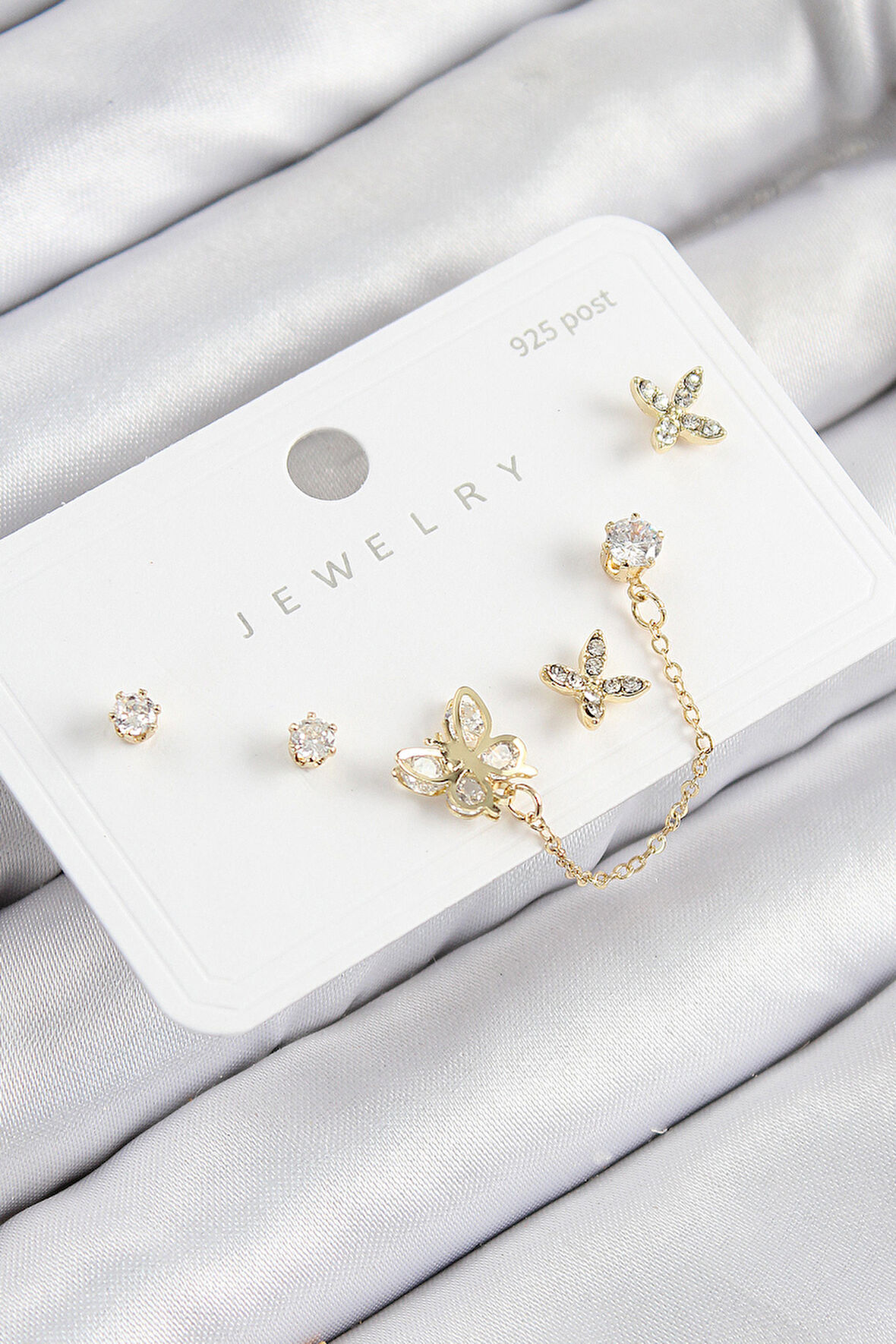 Pirinç Zirkon Taşlı Model Gold Renk 925 Ayar Gümüş Çivi Kadın Küpe Set