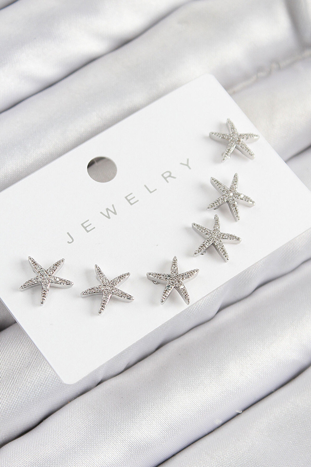 Pirinç Zirkon Taşlı Deniz Yıldızı Model Gümüş Renk 925 Ayar Gümüş Çivi Kadın Küpe Set