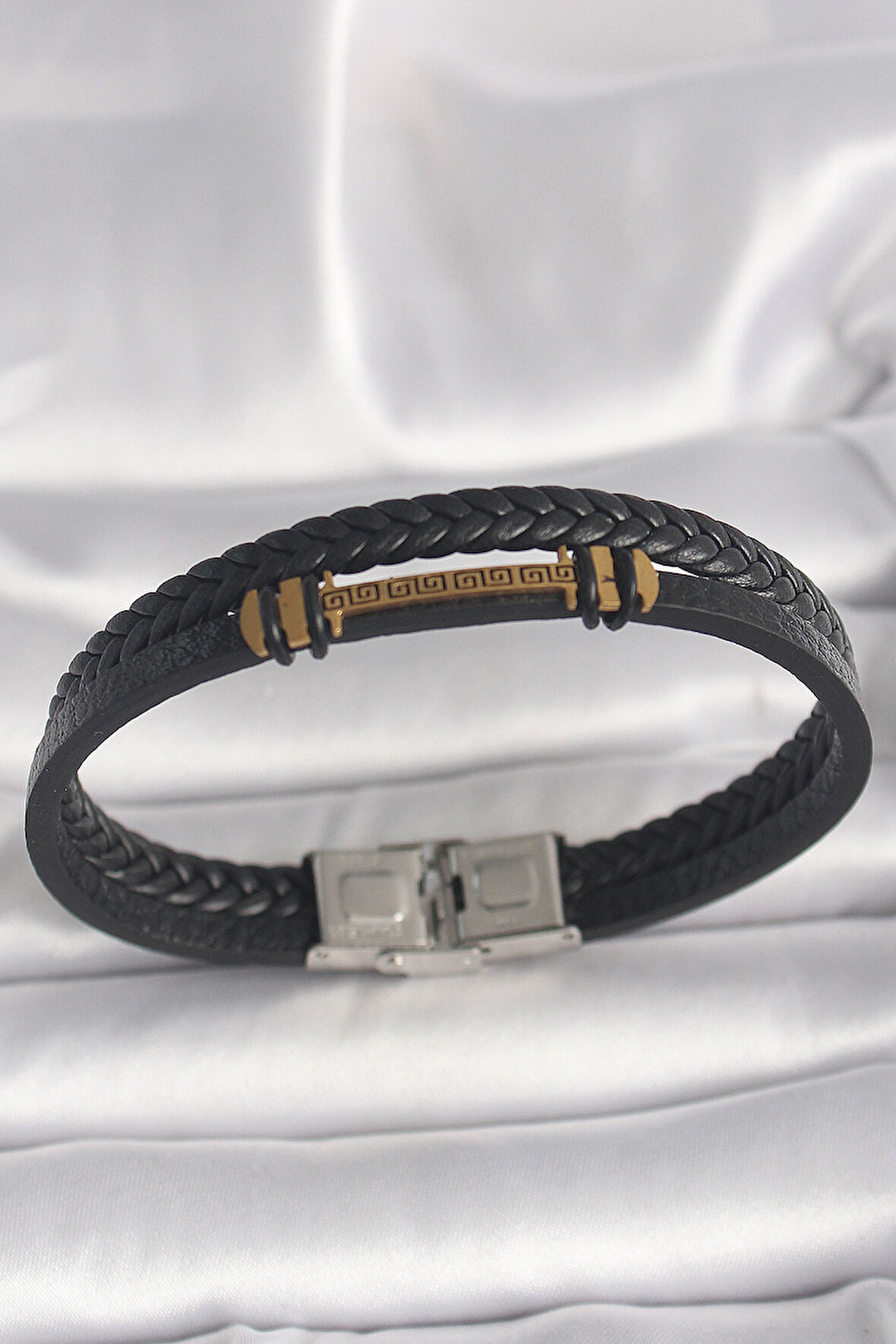 316L Çelik Gümüş Renk Aksesuarlı Çift Sıra Siyah Burgu Desen Deri Kordon Erkek Bileklik