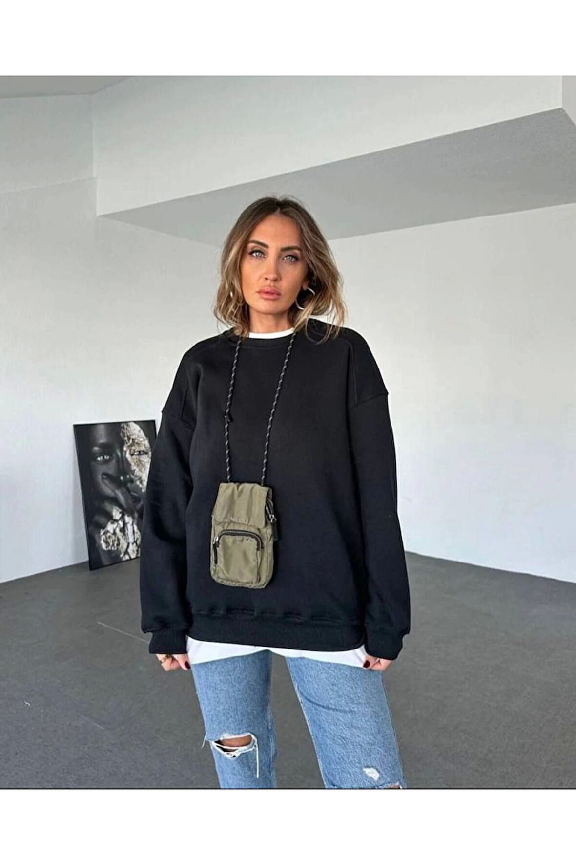 Omzu Dikiş Detaylı Üç İplik Şardonlu Uzun Oversize Sweatshirt