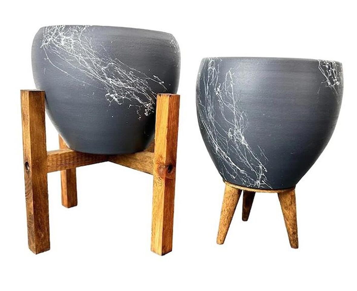 Ev Dekorasyon Gri Üzeri Beyaz Mermer Efektli Toprak Saksı Saksılık Salon Çiçeklik İkili Set 3 Ayaklı- 4 Ayaklı- 15 Cm