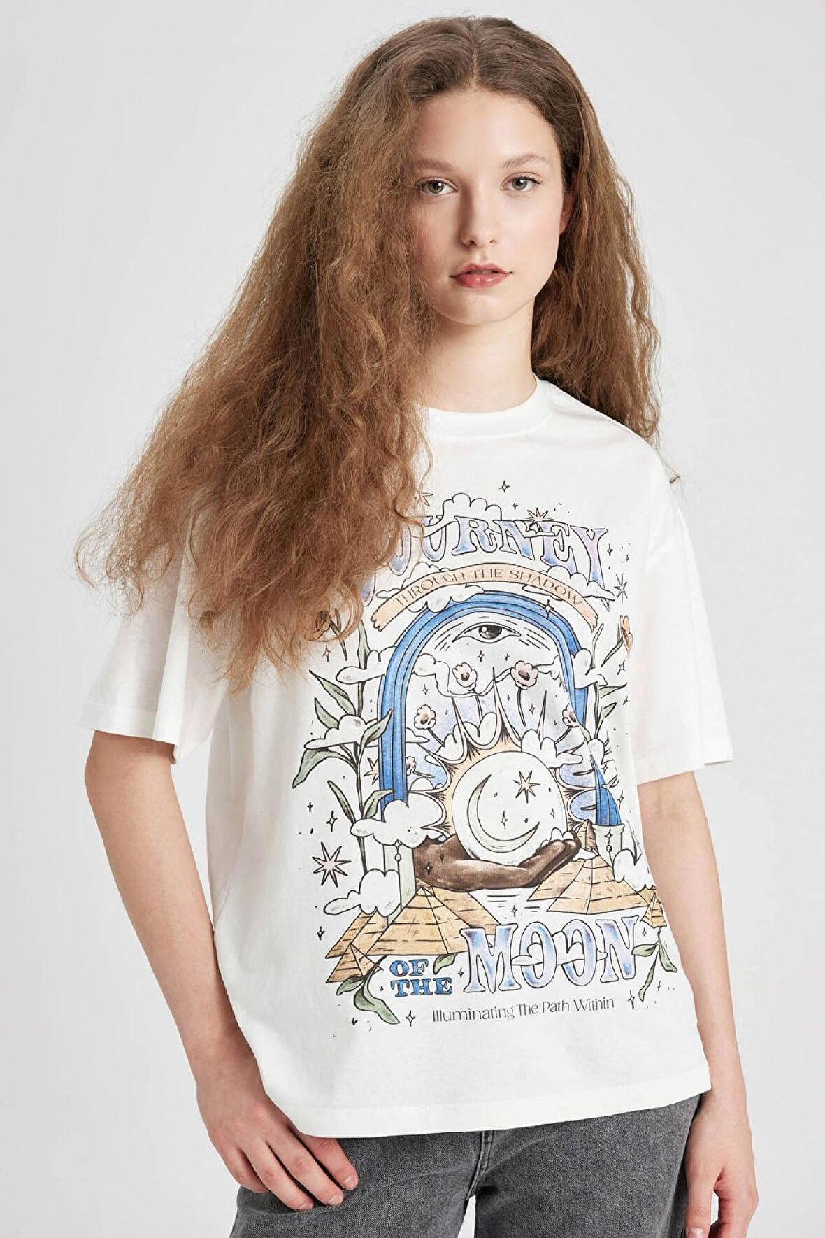 DeFacto Loose Fit Bisiklet Yaka Baskılı Kısa Kollu Tişört C5956AX24SMWT32