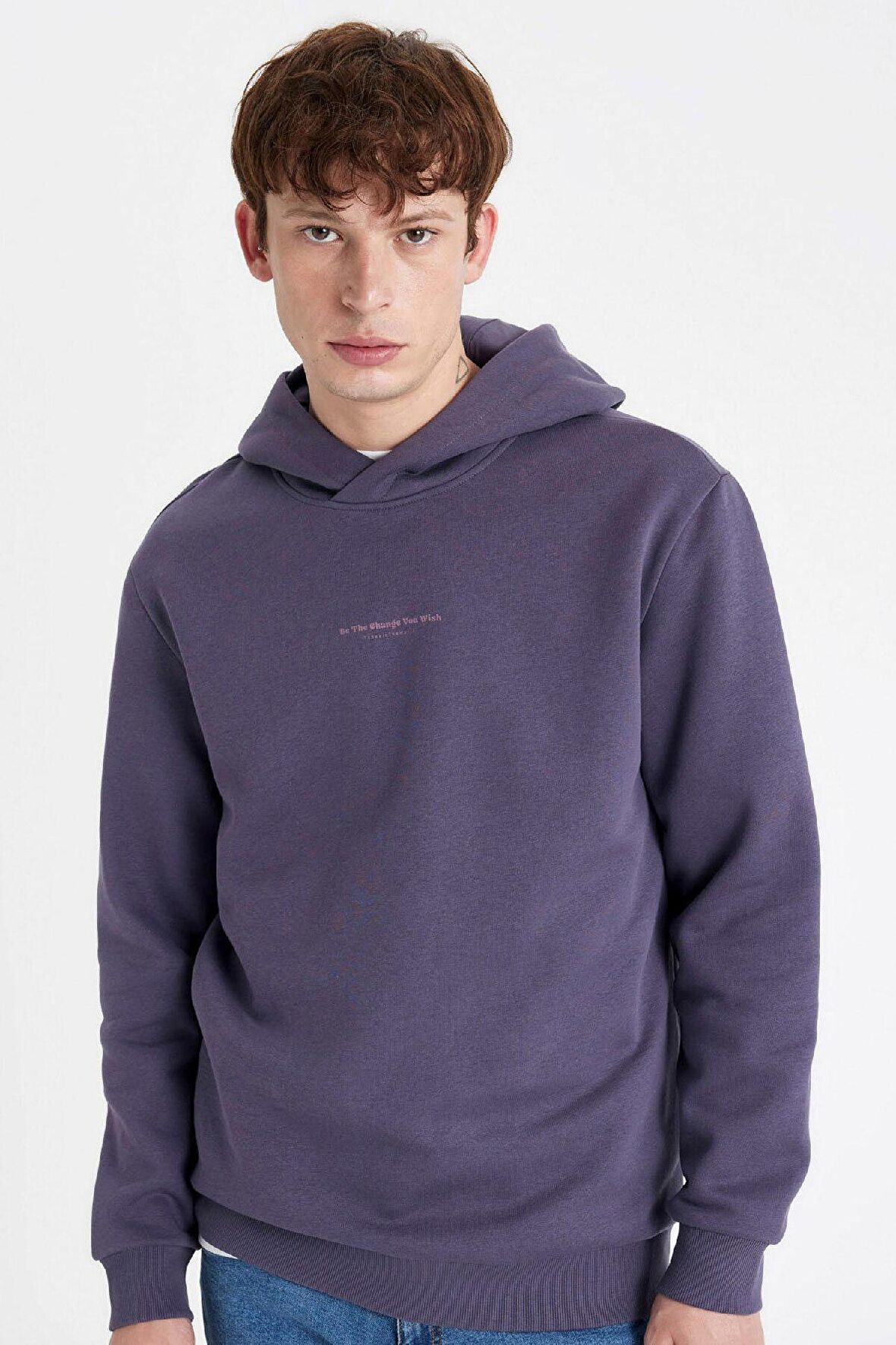 Regular Fit Kapüşonlu Yazı Baskılı Sweatshirt
