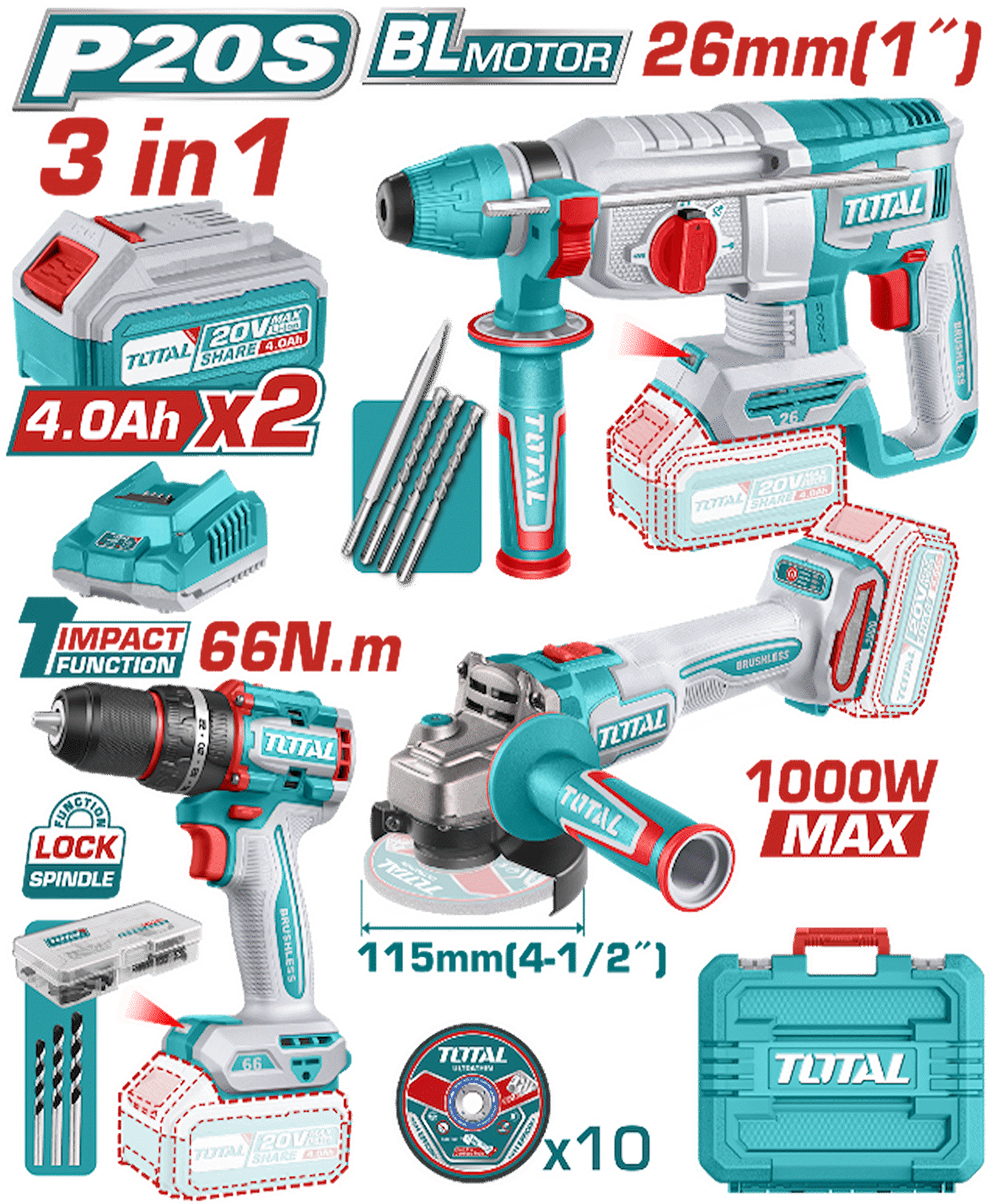 TOTAL 3 LÜ SET KIRICI DELİCİ-DARBELİ MATKAP TAŞLAMA TOSLI241198E