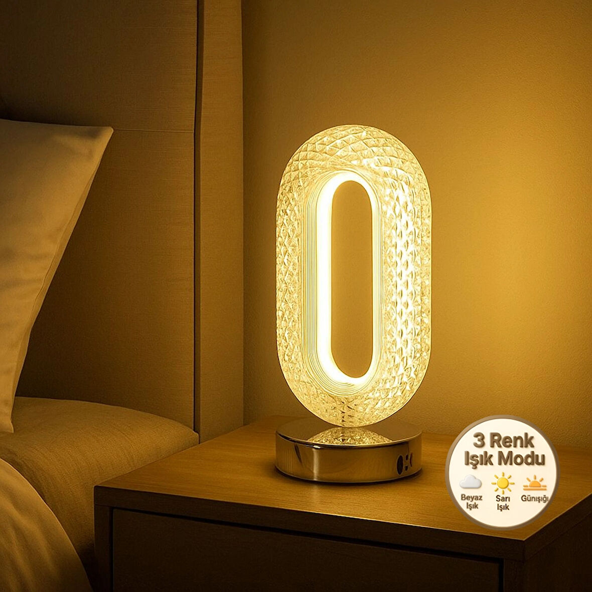 Eclipse Model Gümüş 3 Renk Modu Ledli Modern Elektrikli Yılbaşı Masa ve Gece Lambası