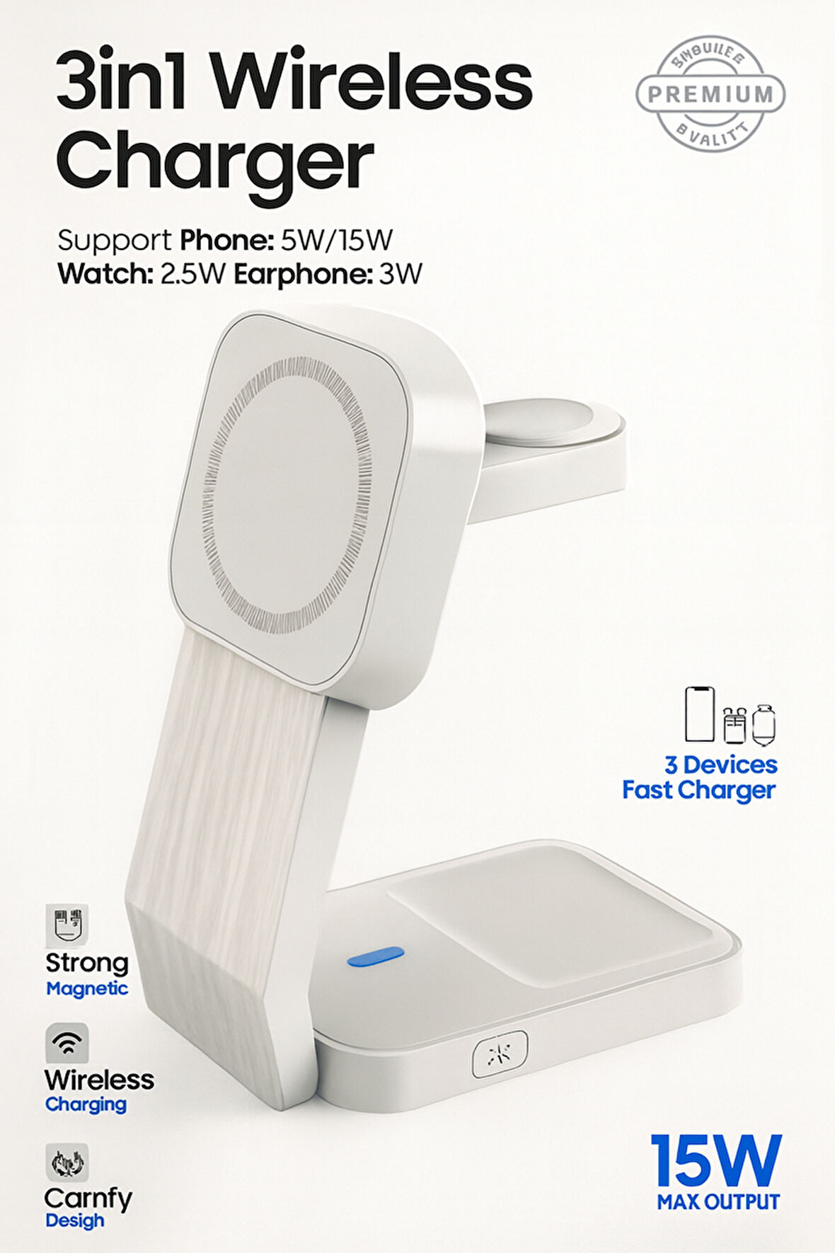 3'ü Bir arada Kablosuz Şarj Cihaz Standı Mage Safe Uyumlu Apple Iphone Android Uyumlu 15W Hızlı Şarj