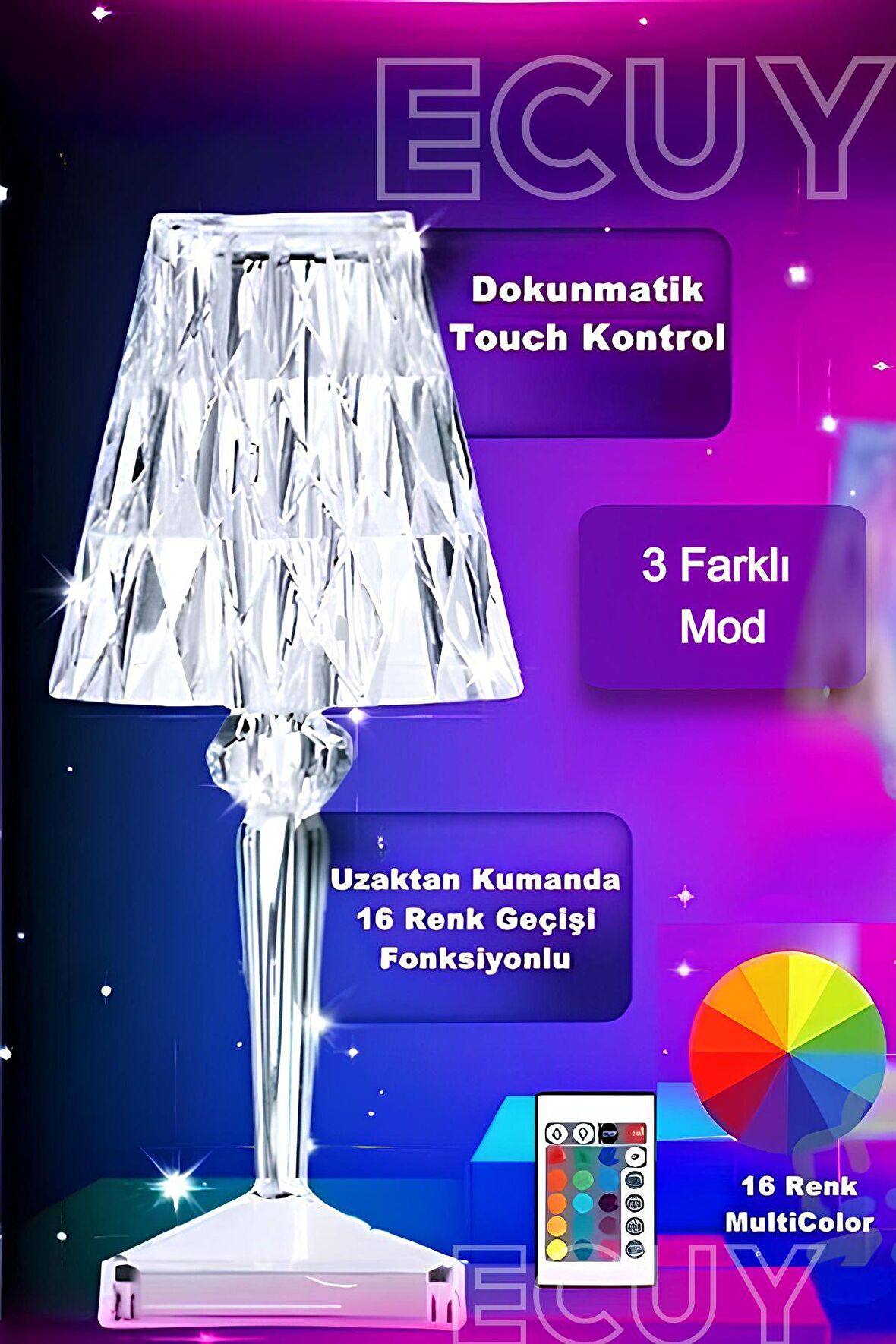 Dekoratif Şarjlı Kristal Led Masa Ve Gece Lambası Ev Salon Dekor Işığı Kumandalı Kristal Abajur  RGB