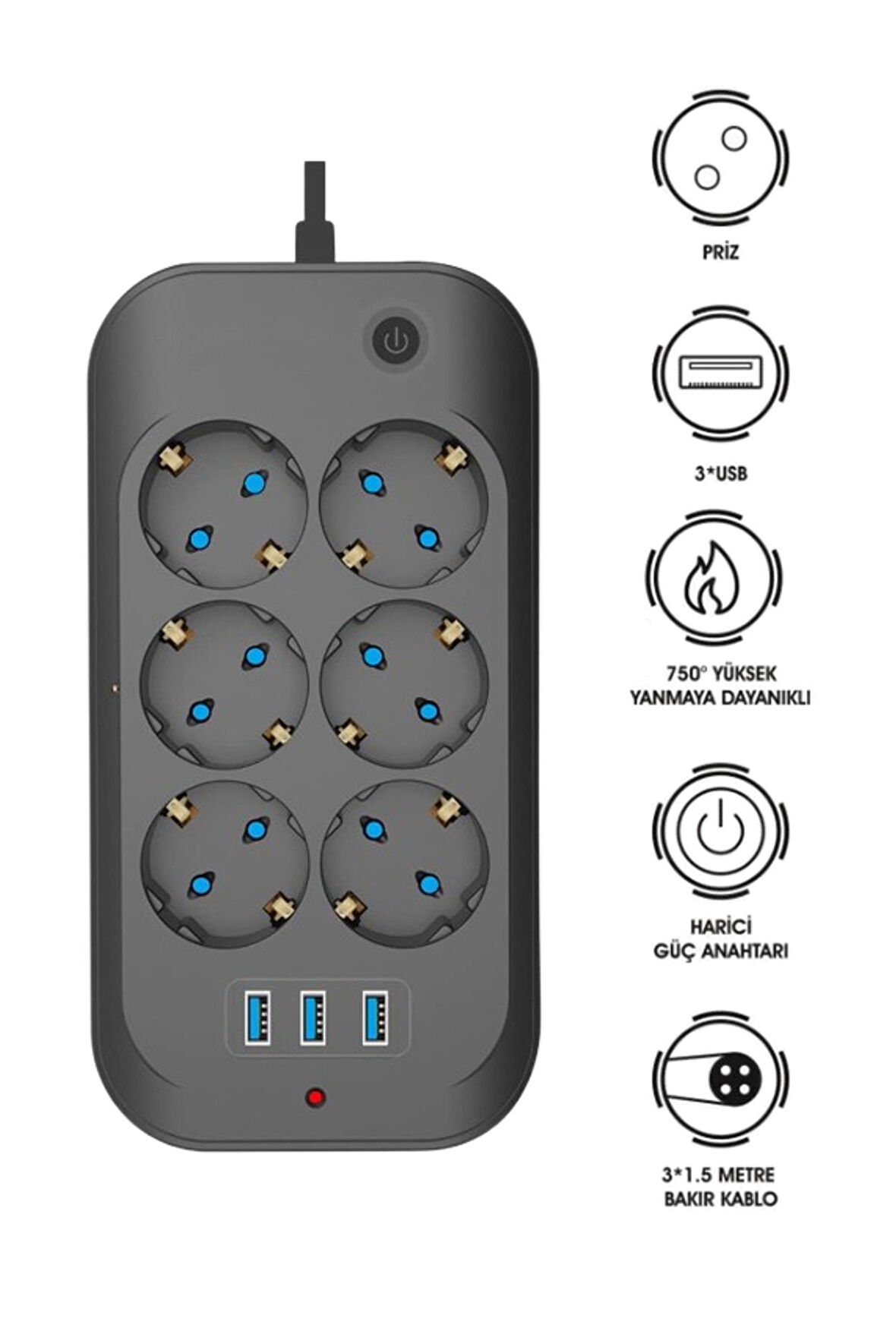 6'lı Akım Korumalı Uzatma Kablolu Priz  3xUSB Isıya Dayanaklı Priz 2500 watt