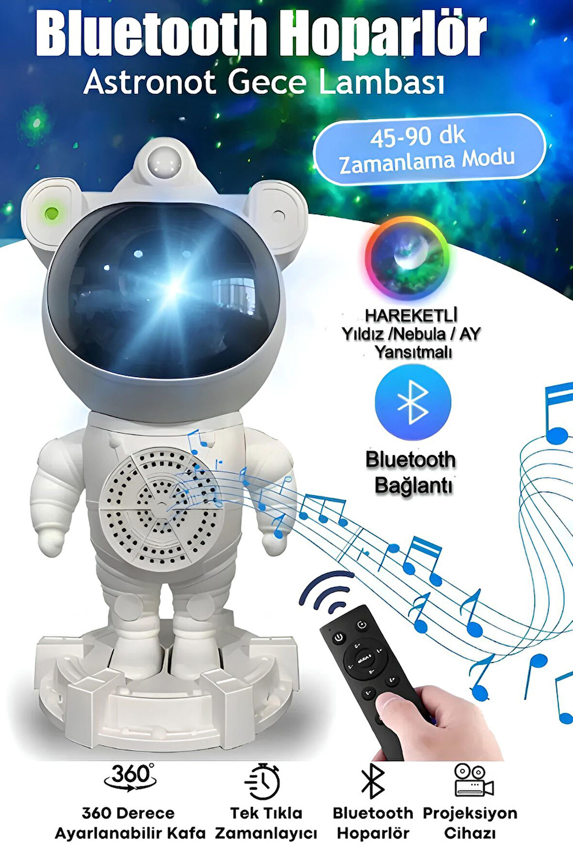 Projeksiyon Gökyüzü Gece Lambası Astronot Bluetooth Hoparlör Hareketli Galaxy Bulutsu Zamanlayıcılı