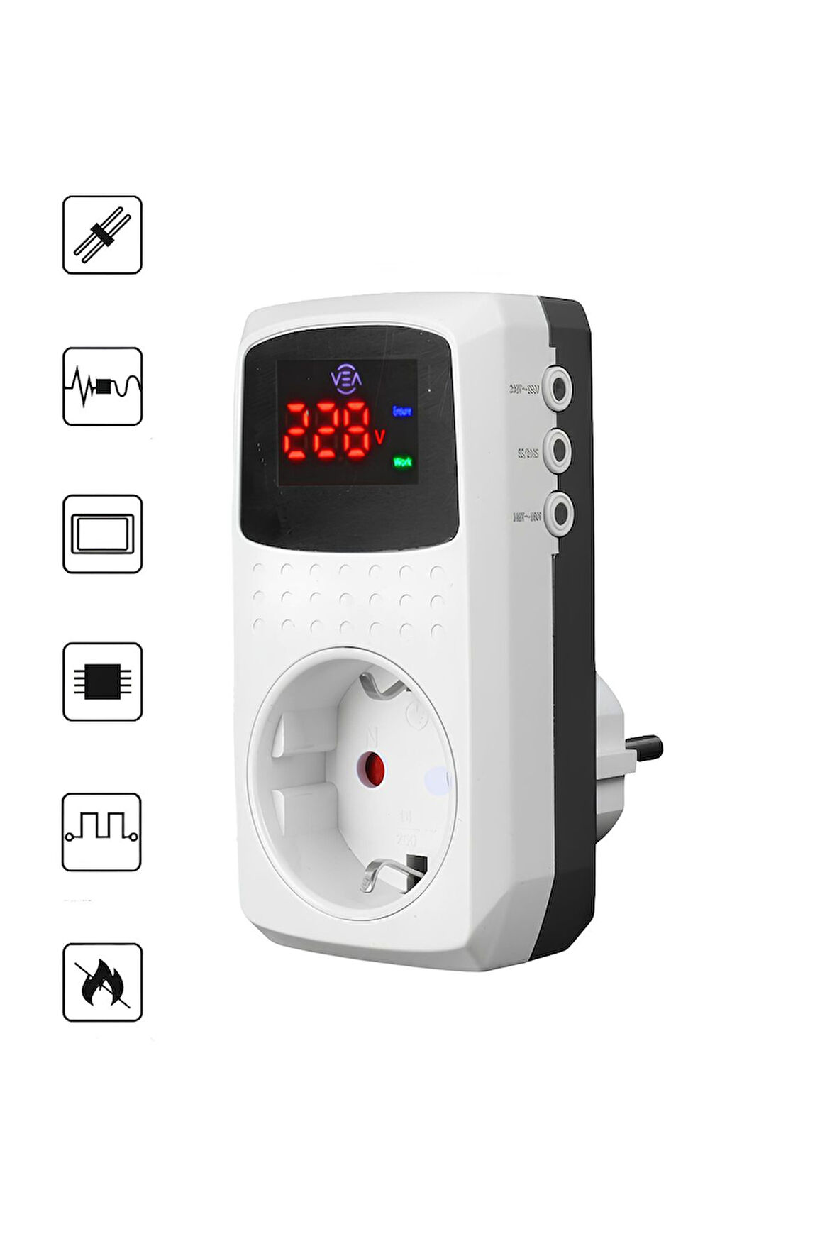 Tekli Akım Korumalı Priz 16A, 3520W, Dijital Göstergeli, Voltaj Koruma Özellikli Priz
