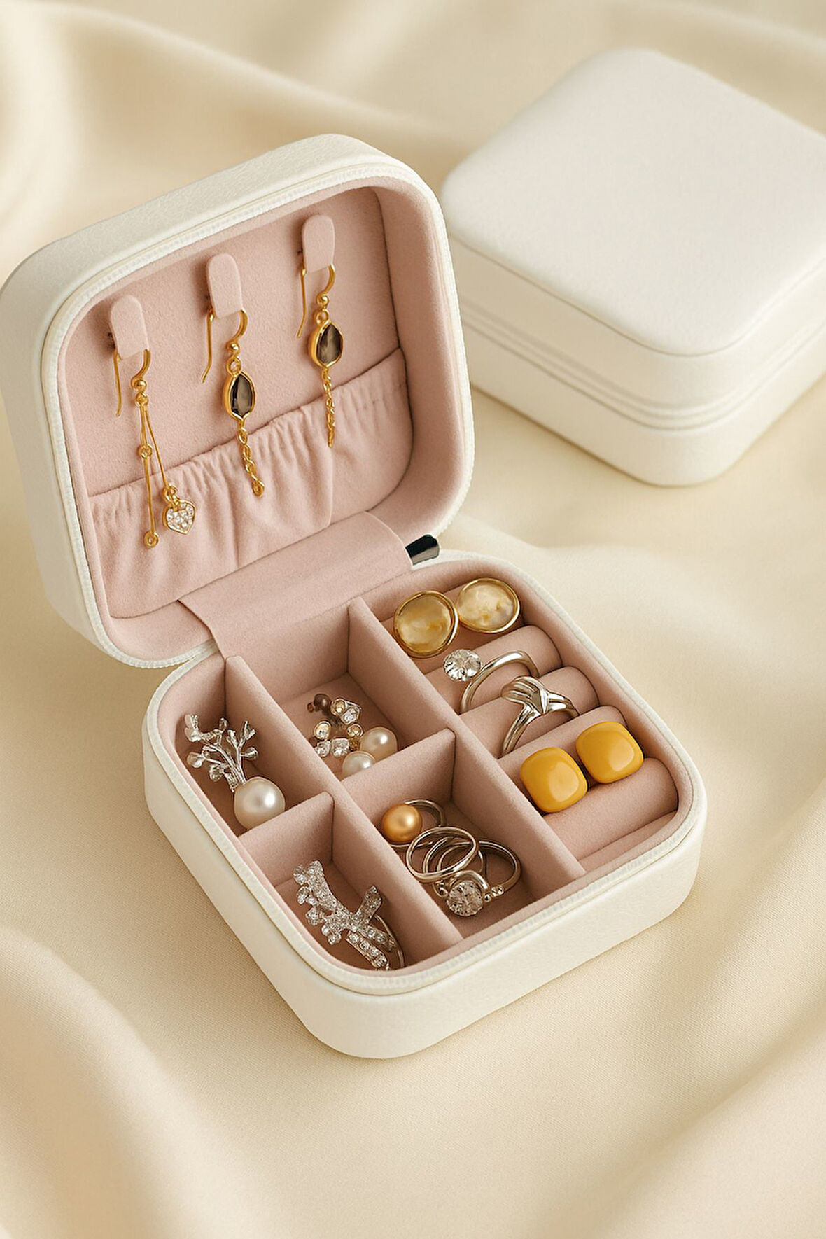 Mini Takı Kutusu Seyahat Tipi Mücevher Çantası Kolye Yüzük Küpe Organizer Takı Düzenleyici Beyaz