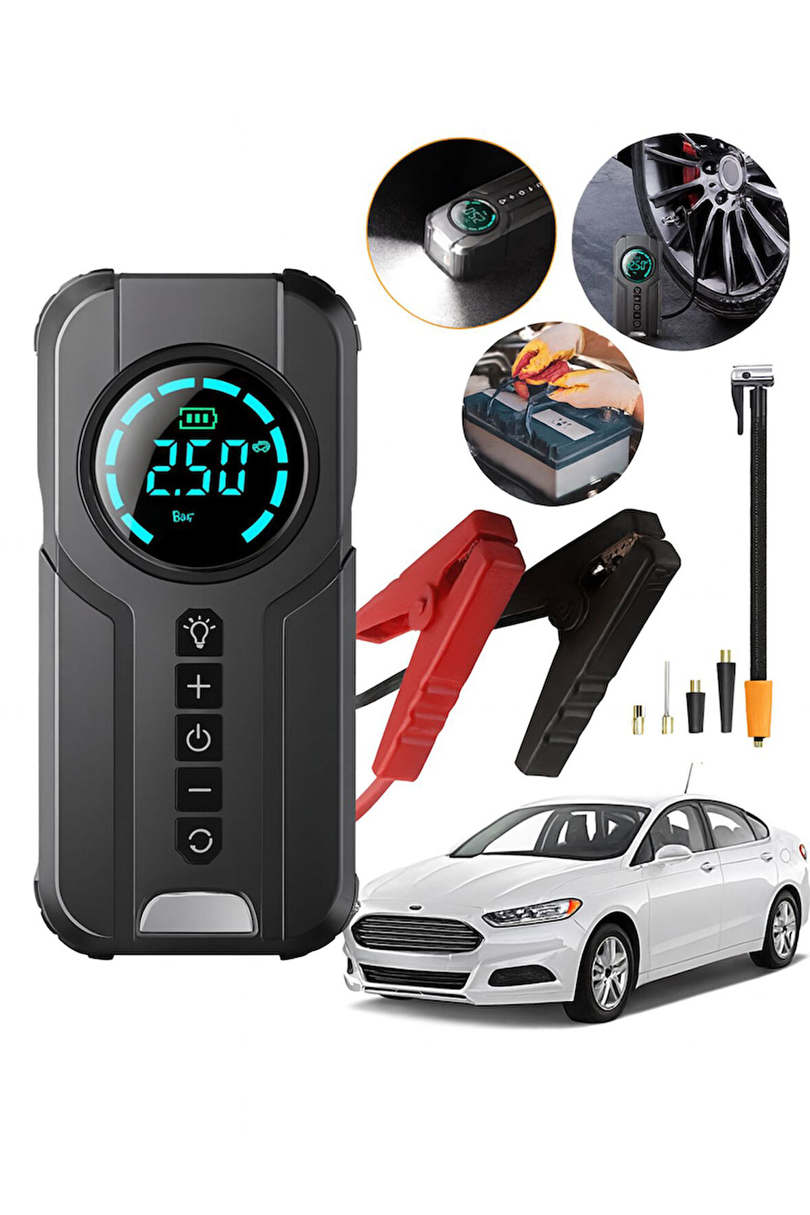 Taşınabilir Powerbank Akü Şarjlı Dijital Kablosuz Hava Kompresörü Lastik Şişirici El Feneri 150 PSI