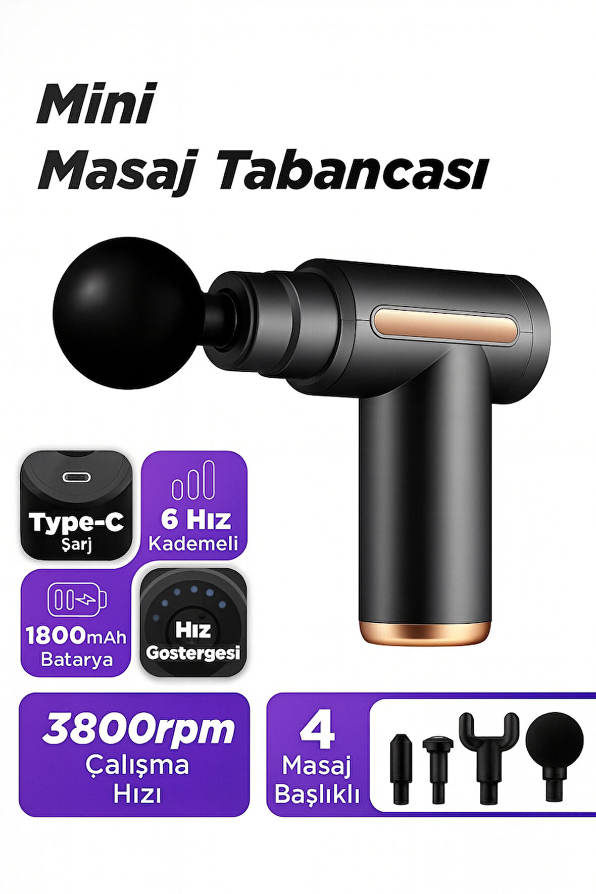 Portatif Taşınabilir Masaj Tabancası 4 Başlıklı 6 Hız Kademeli Güçlü Şarjlı Mini Masaj Aleti