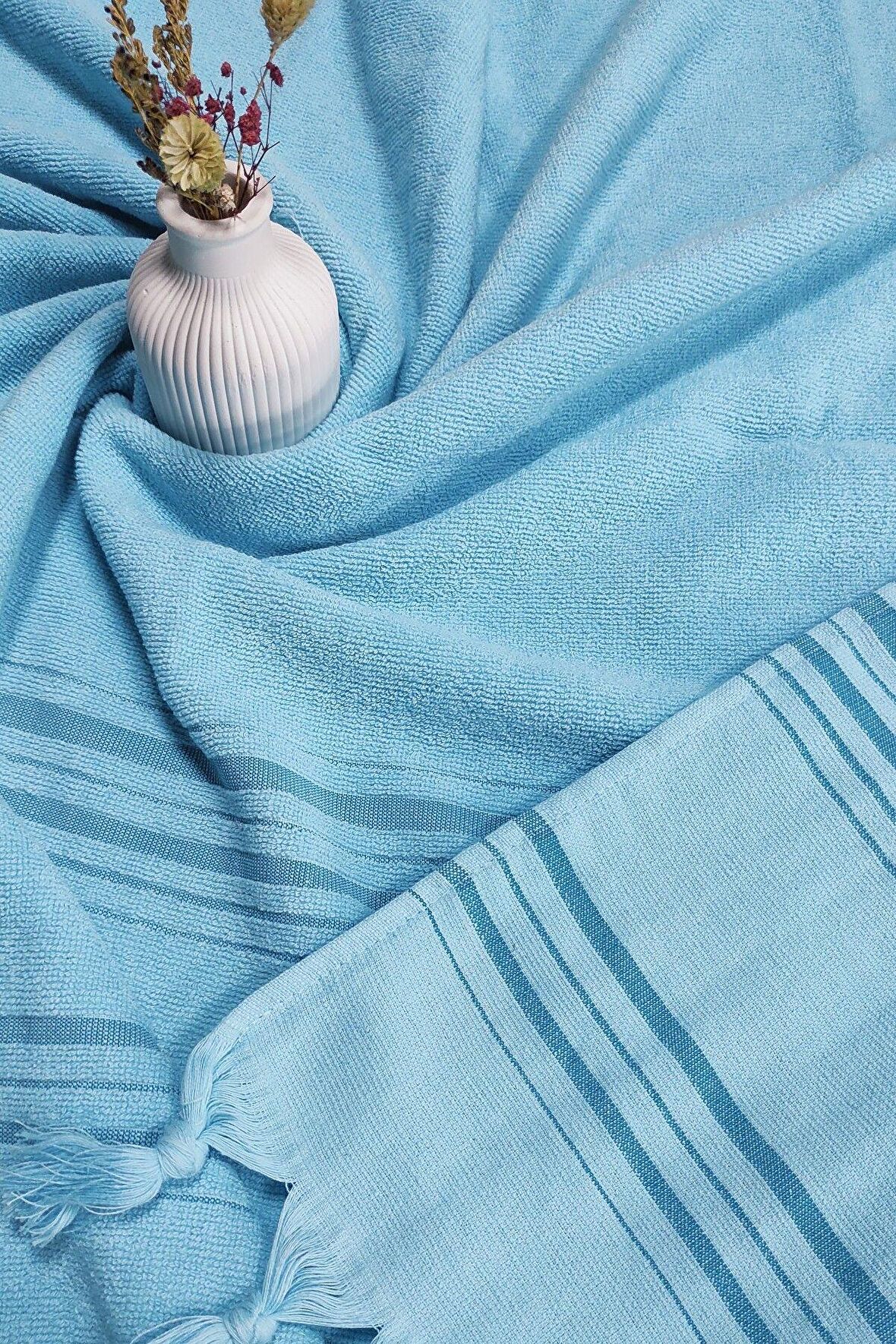 Sevim Çizgili Turkuaz Pamuk Havlu Peştemal - 90x170 Cm - Kaliteli Ve Yumuşak