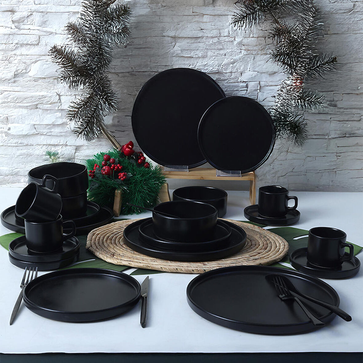 Keramika Mat Siyah Stackable Yemek/Kahvaltı Takımı 20 Parça 4 Kişilik