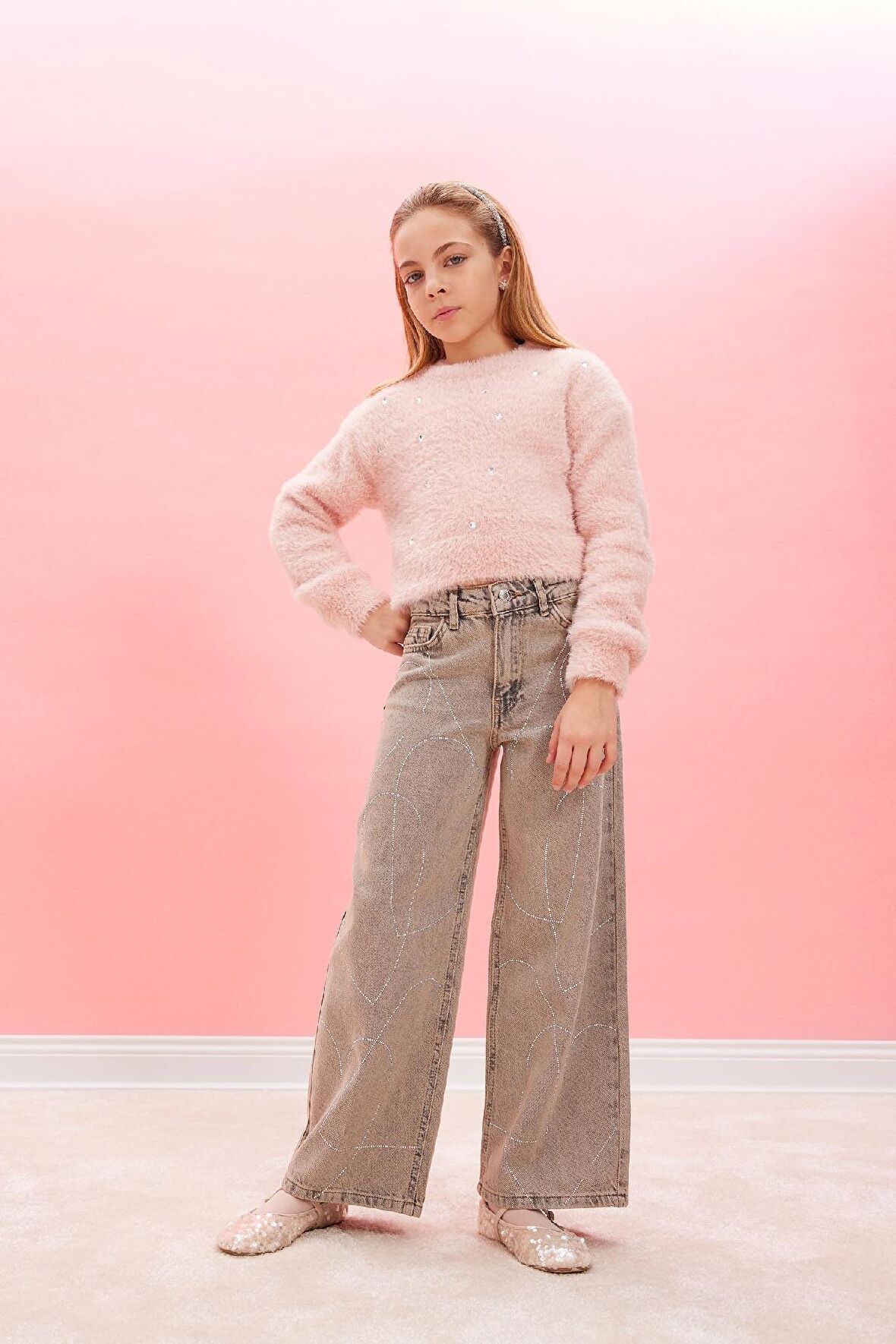 DeFacto Kız Çocuk Yılbaşı Temalı Wide Leg Geniş Paça Jean Pantolon D5435A824WNNM55