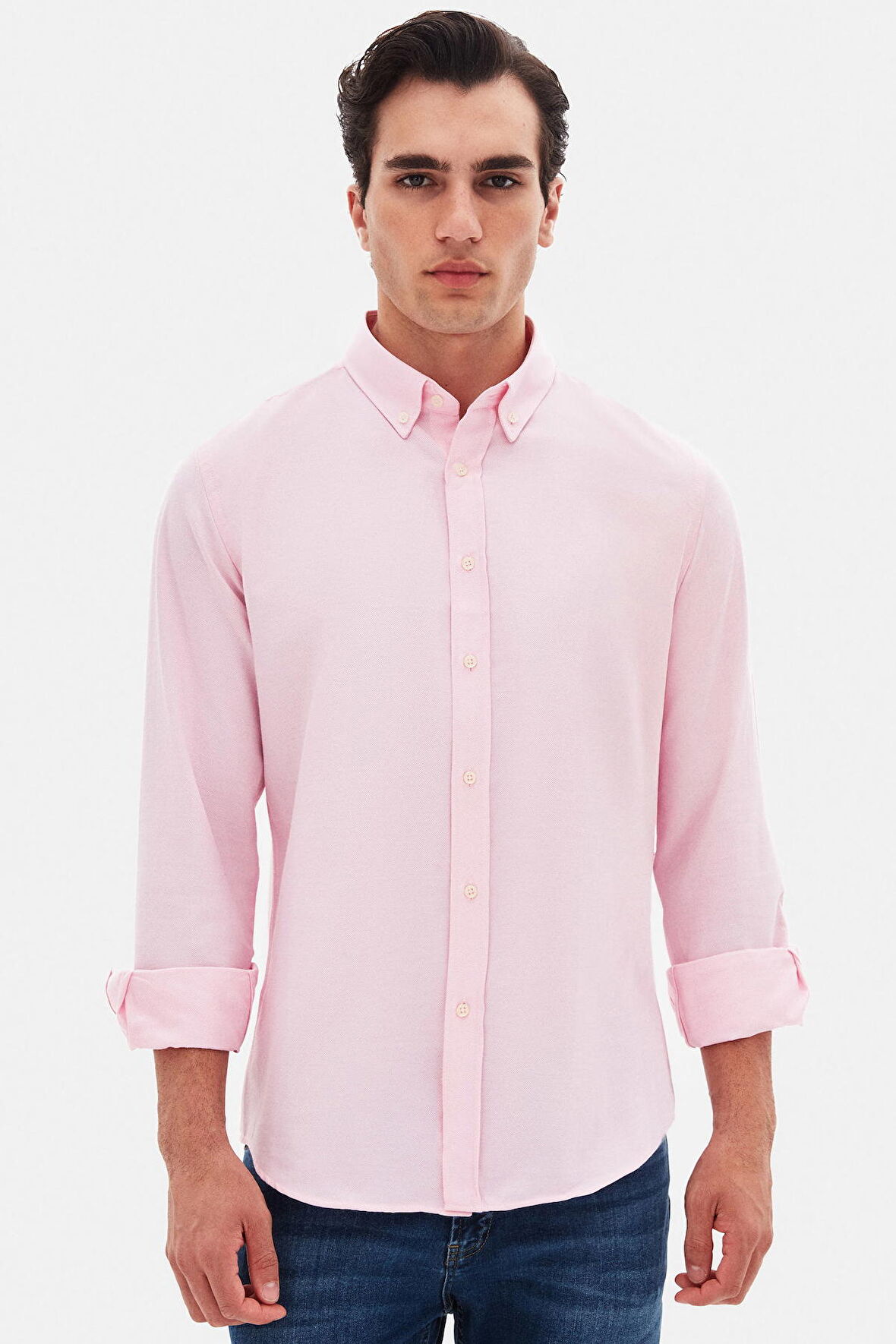 Slim Fit Pembe Armürlü Düğmeli Yaka Pamuklu Gömlek 5HC02ORT07265